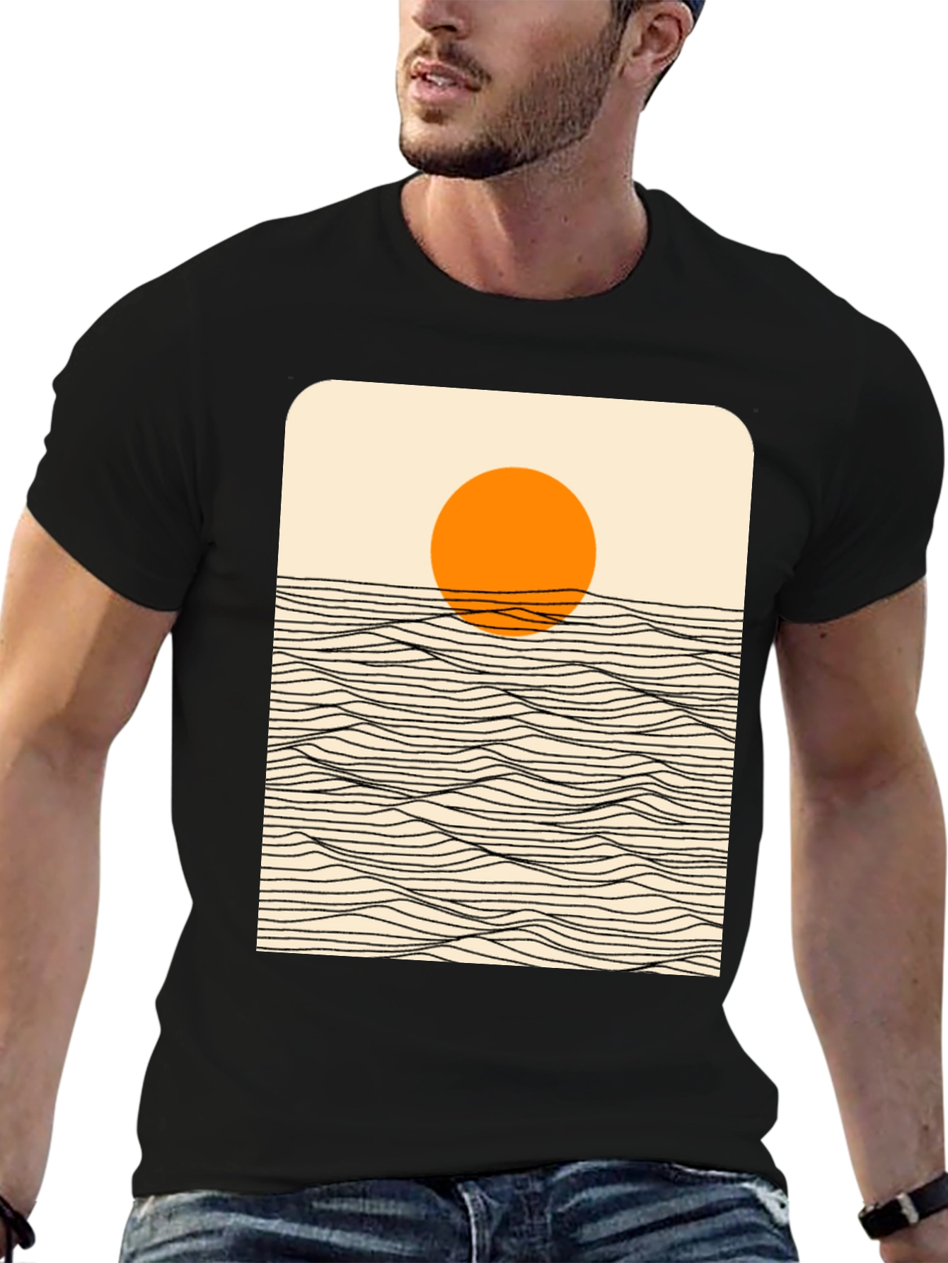 Sunset Wave Graphic Tee - Stylish Black Cotton T-Shirt