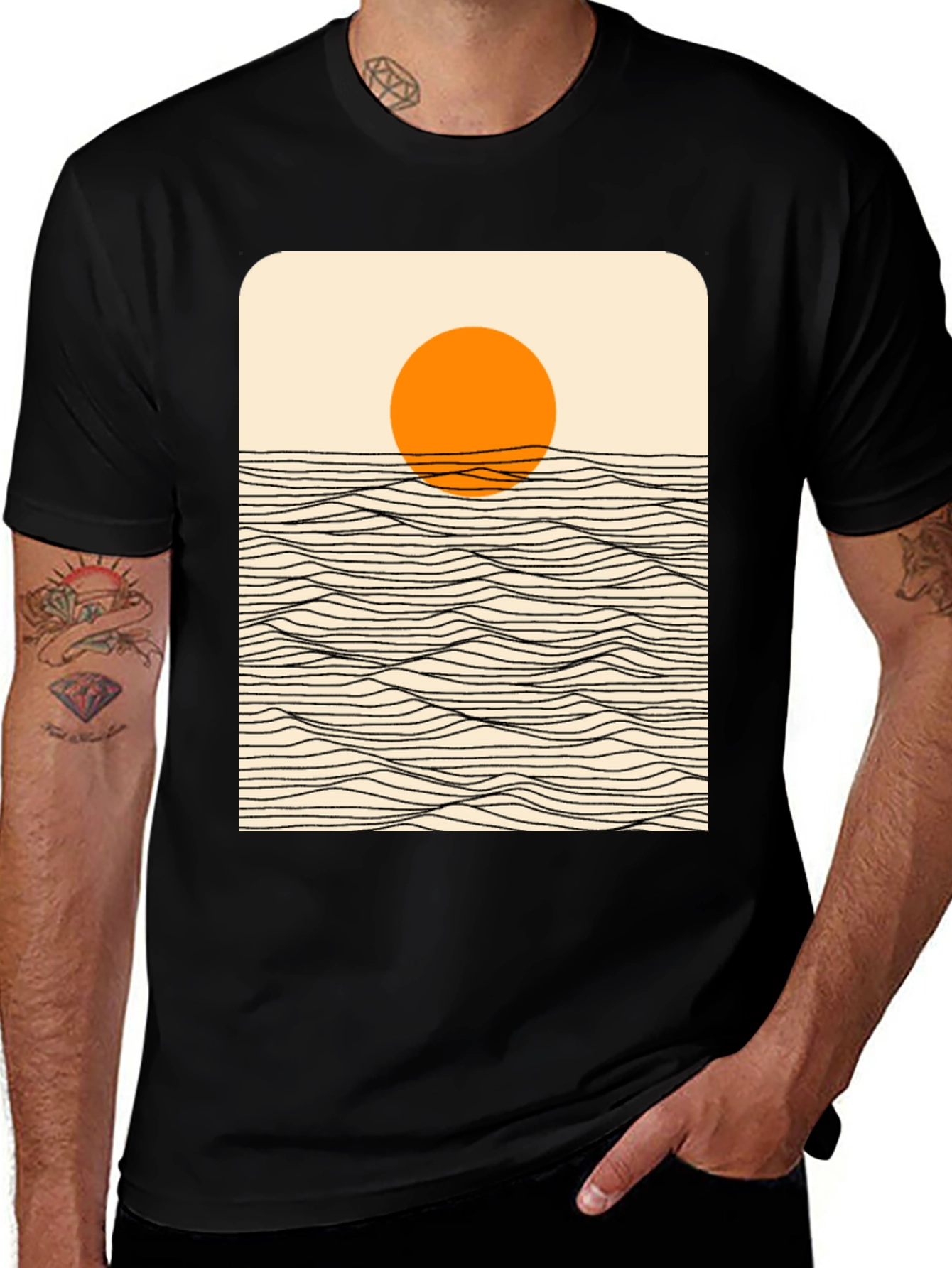 Sunset Wave Graphic Tee - Stylish Black Cotton T-Shirt