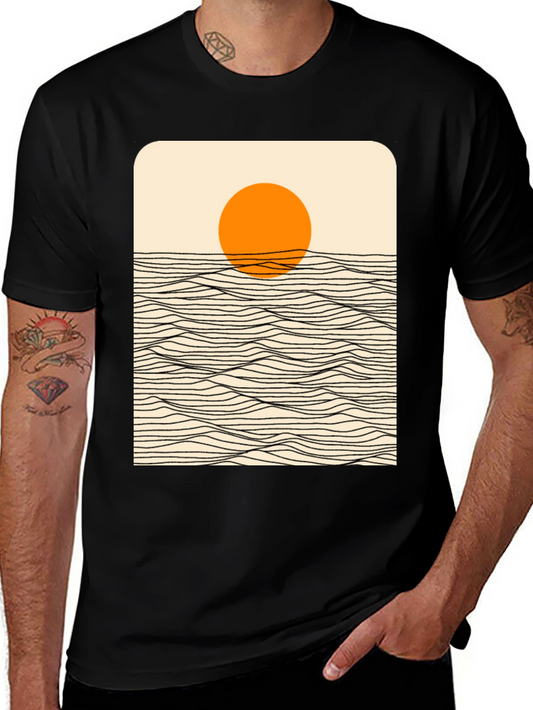 Sunset Wave Graphic Tee - Stylish Black Cotton T-Shirt