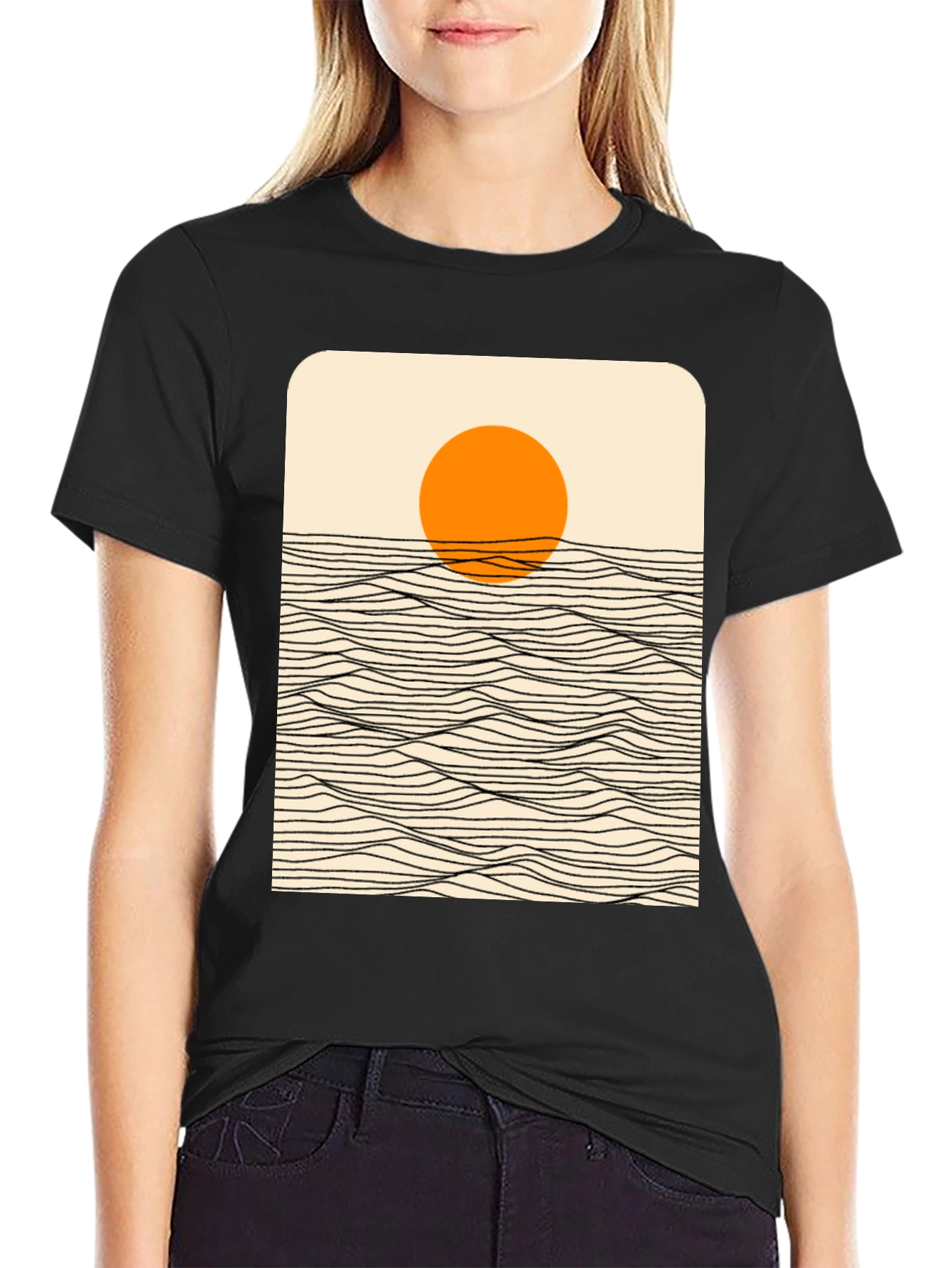 Sunset Wave Graphic Tee - Stylish Black Cotton T-Shirt