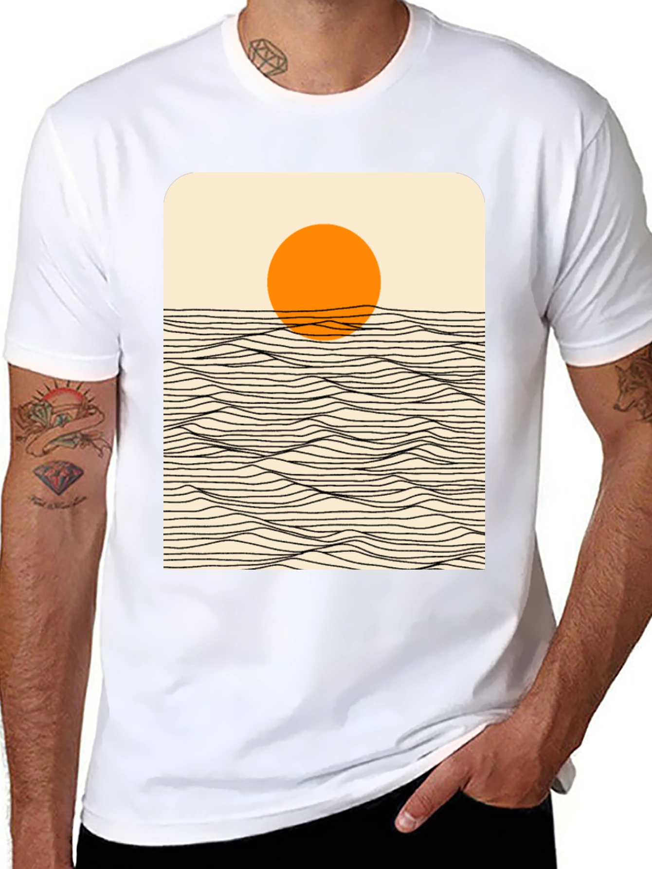 Sunset Wave Graphic Tee - Stylish Black Cotton T-Shirt