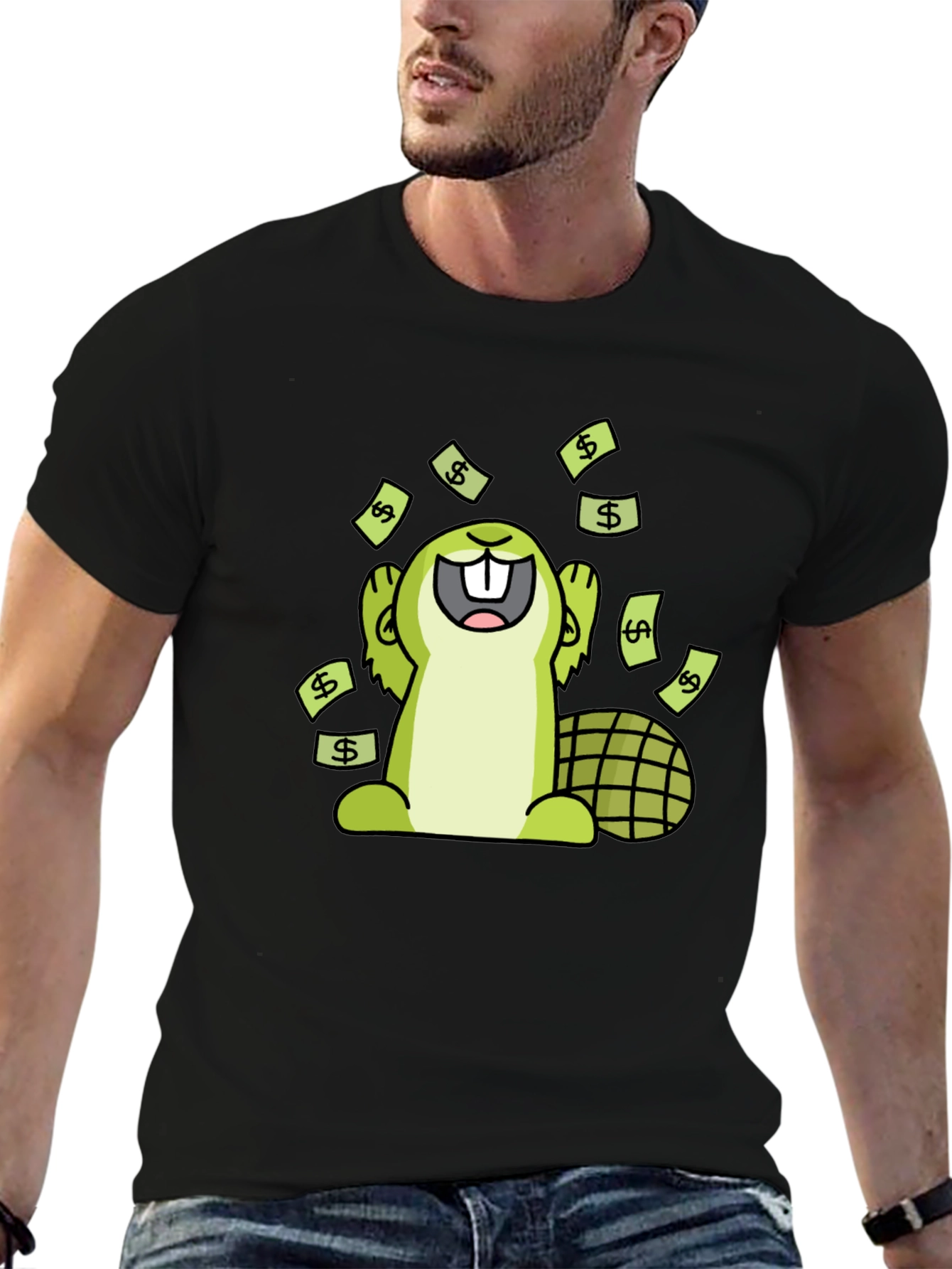 Funny Beaver Money T-Shirt - Black Cotton Tee