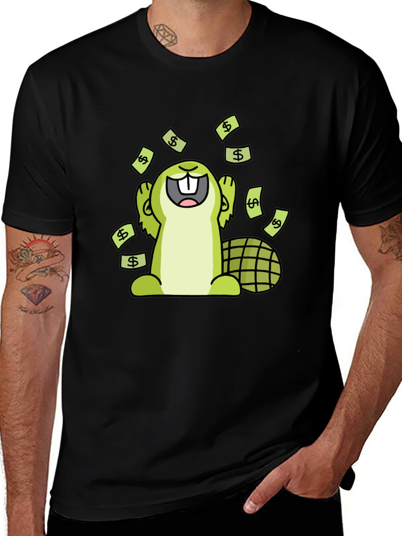 Funny Beaver Money T-Shirt - Black Cotton Tee