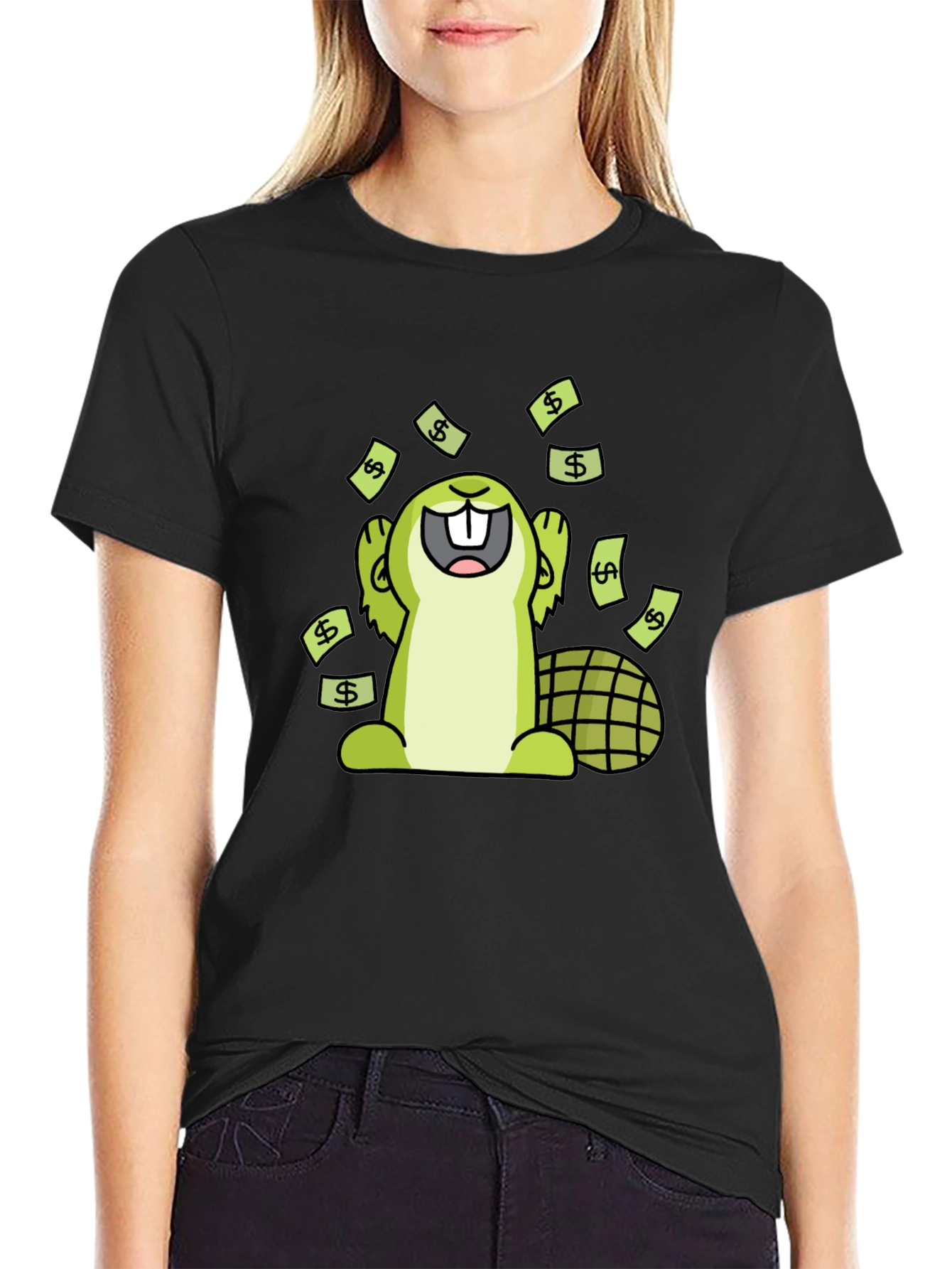 Funny Beaver Money T-Shirt - Black Cotton Tee