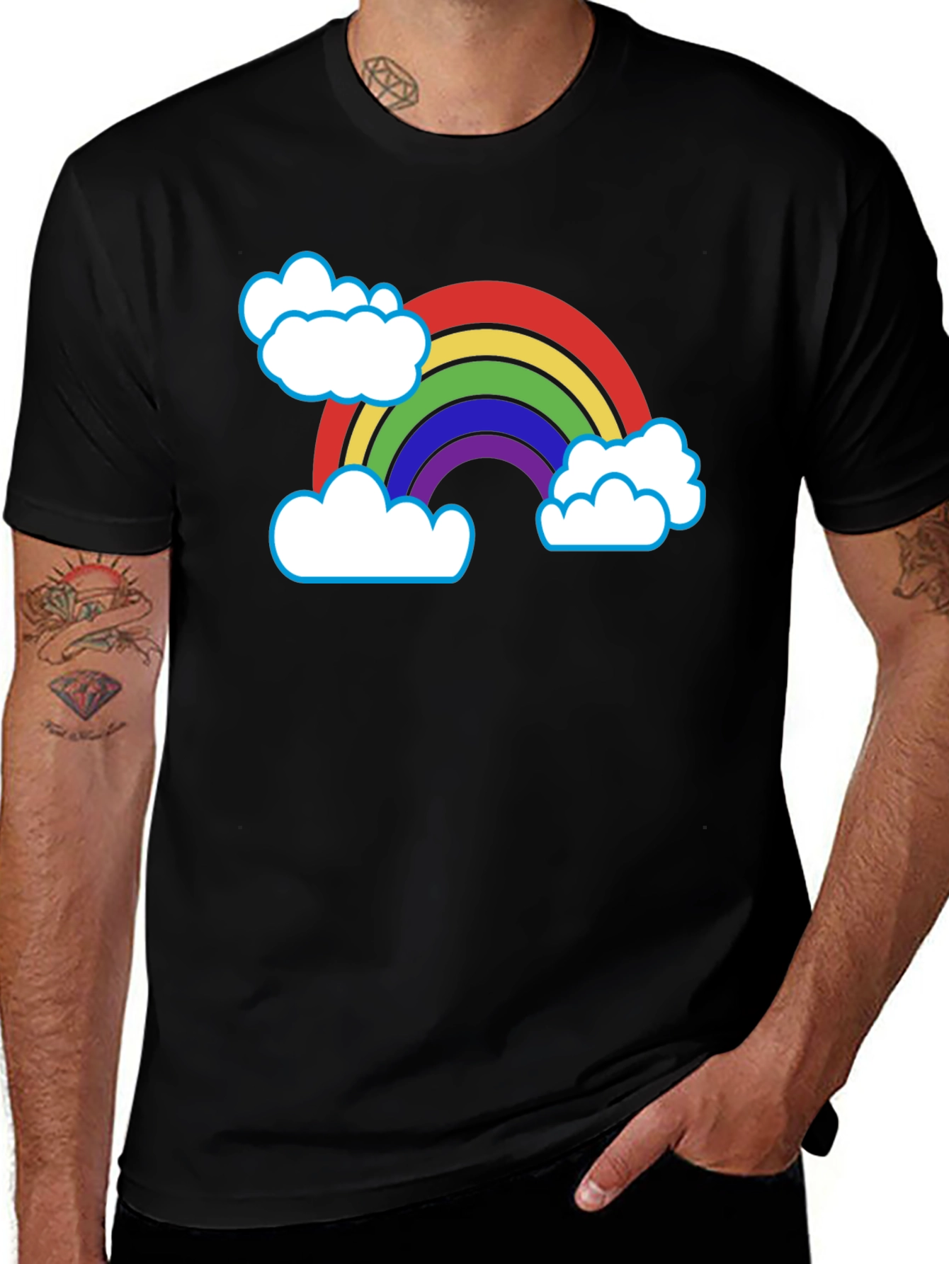 Rainbow & Clouds Graphic T-Shirt - Black Cotton Blend