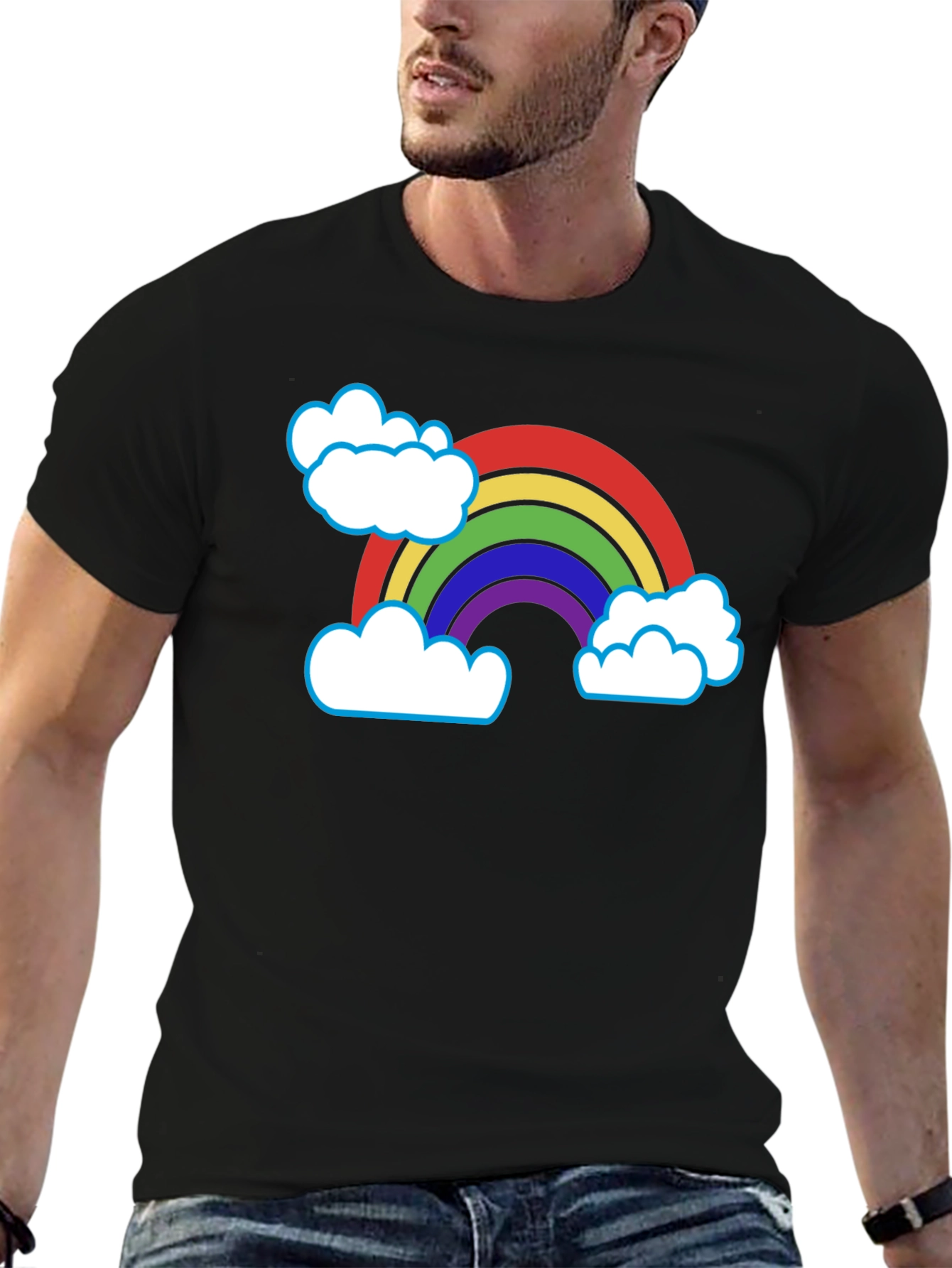 Rainbow & Clouds Graphic T-Shirt - Black Cotton Blend