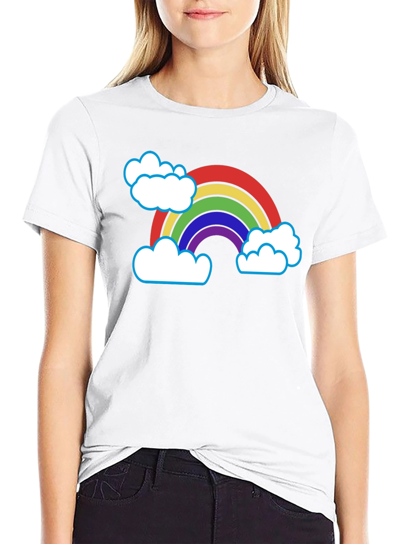 Rainbow & Clouds Graphic T-Shirt - Black Cotton Blend
