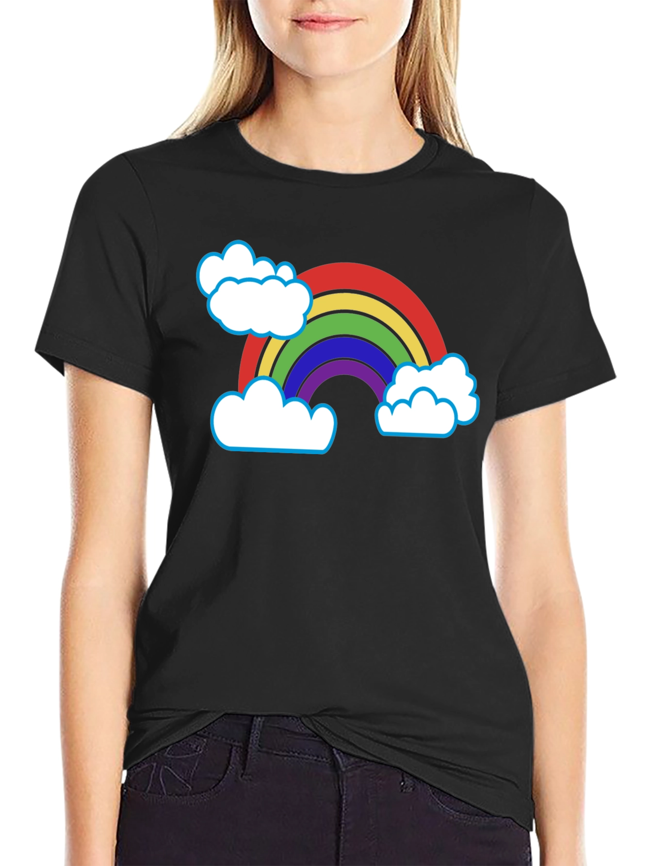 Rainbow & Clouds Graphic T-Shirt - Black Cotton Blend
