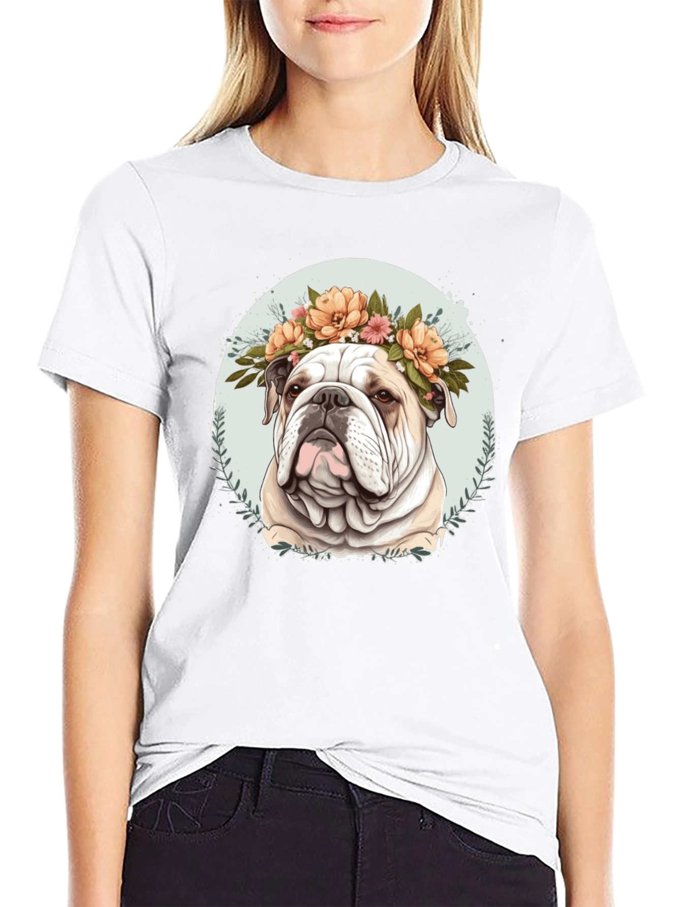 Bulldog Floral Crown Black T-Shirt