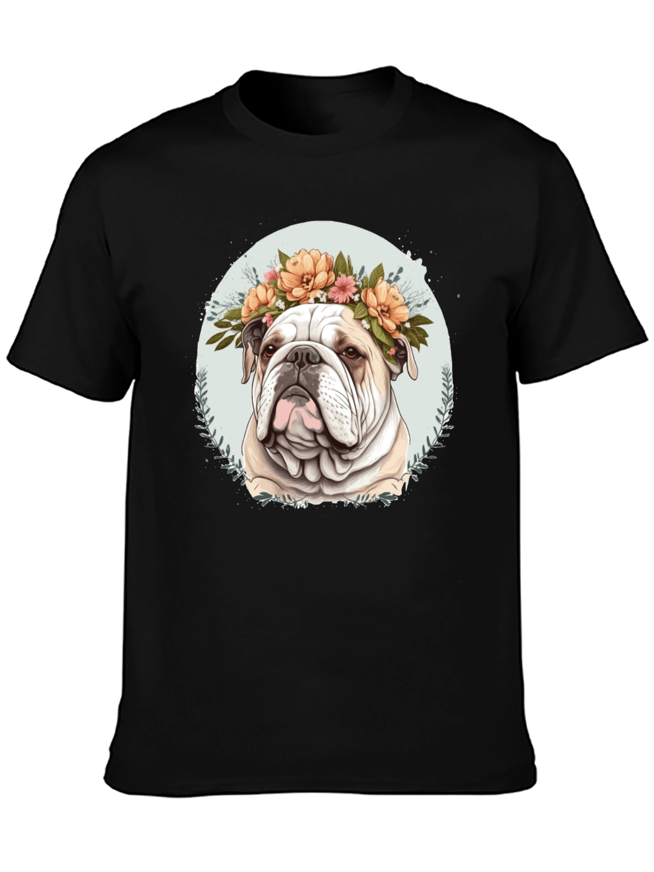 Bulldog Floral Crown Black T-Shirt