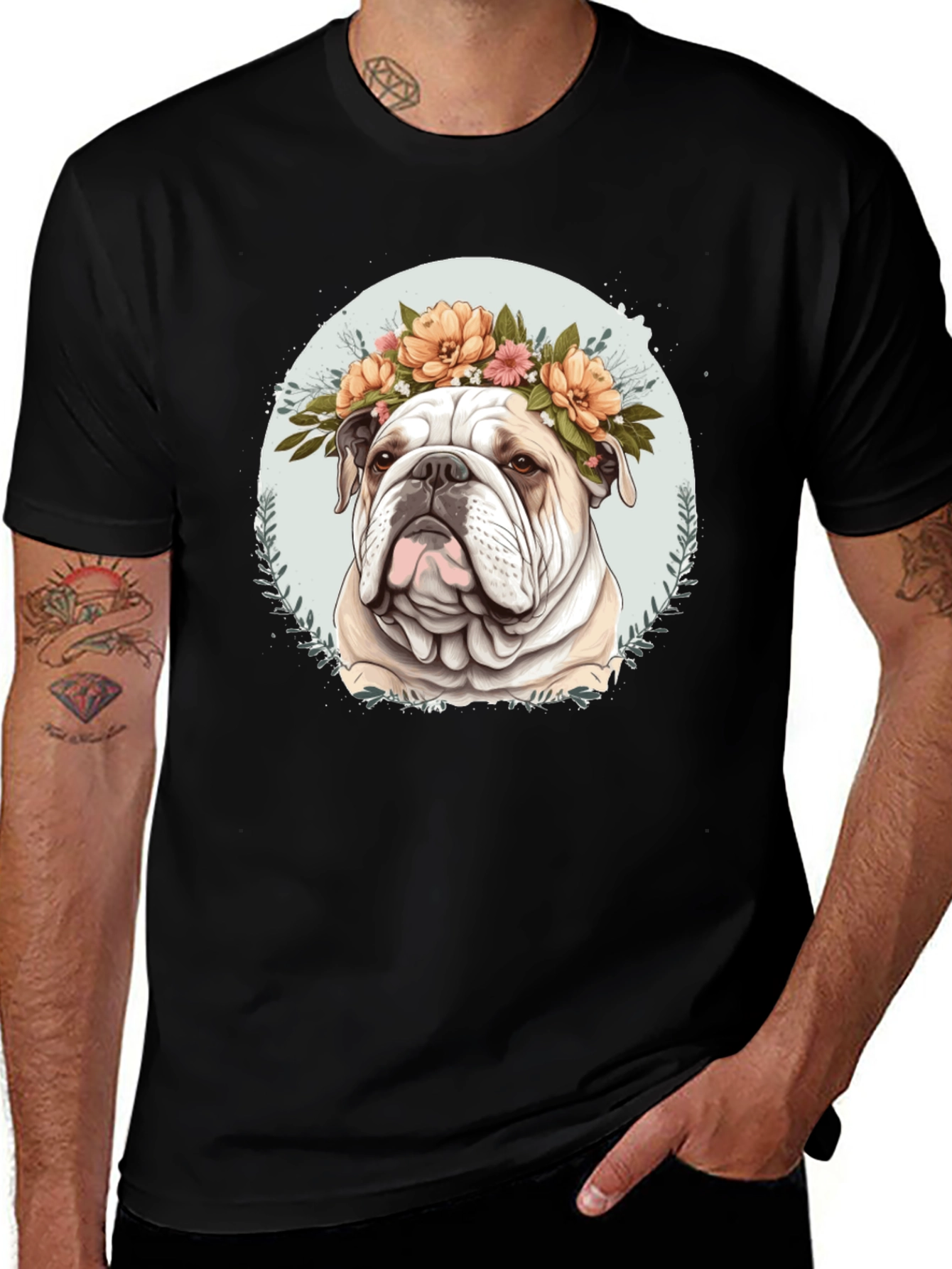 Bulldog Floral Crown Black T-Shirt