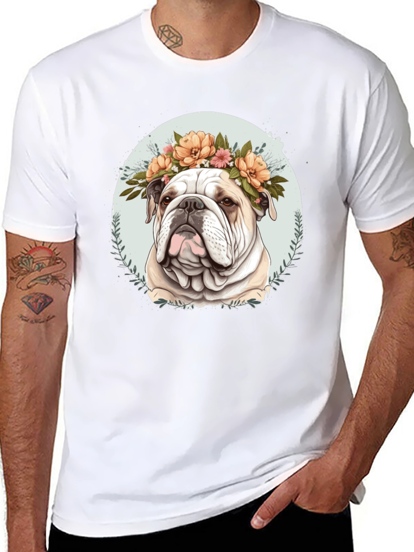 Bulldog Floral Crown Black T-Shirt