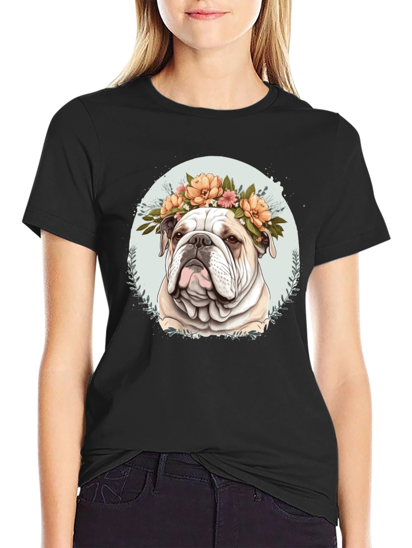 Bulldog Floral Crown Black T-Shirt