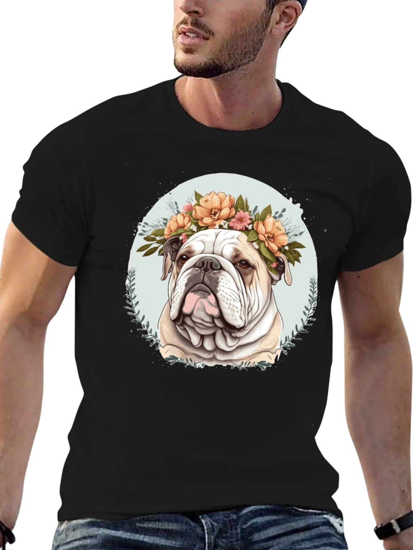 Bulldog Floral Crown Black T-Shirt