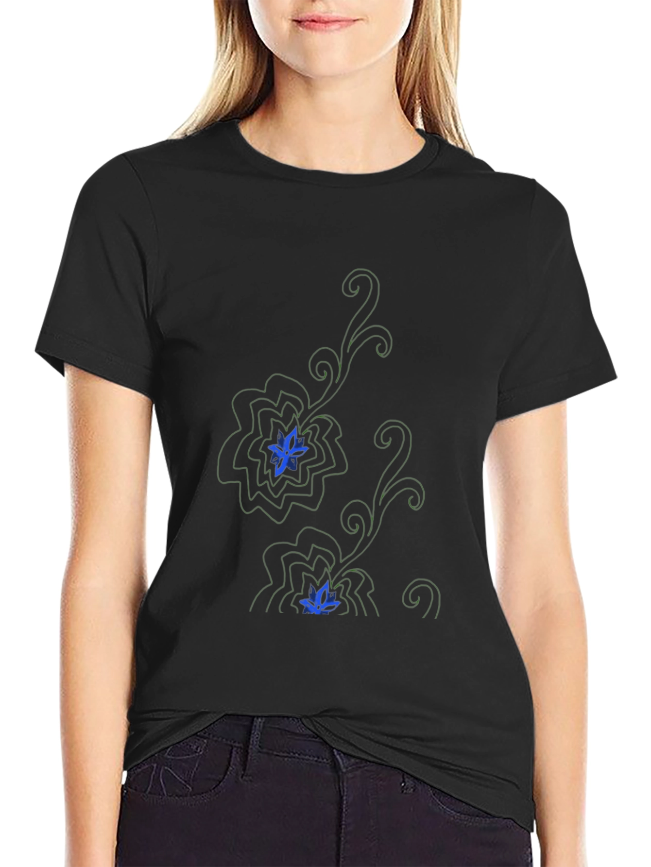 Elegant Black T-Shirt with Floral Design