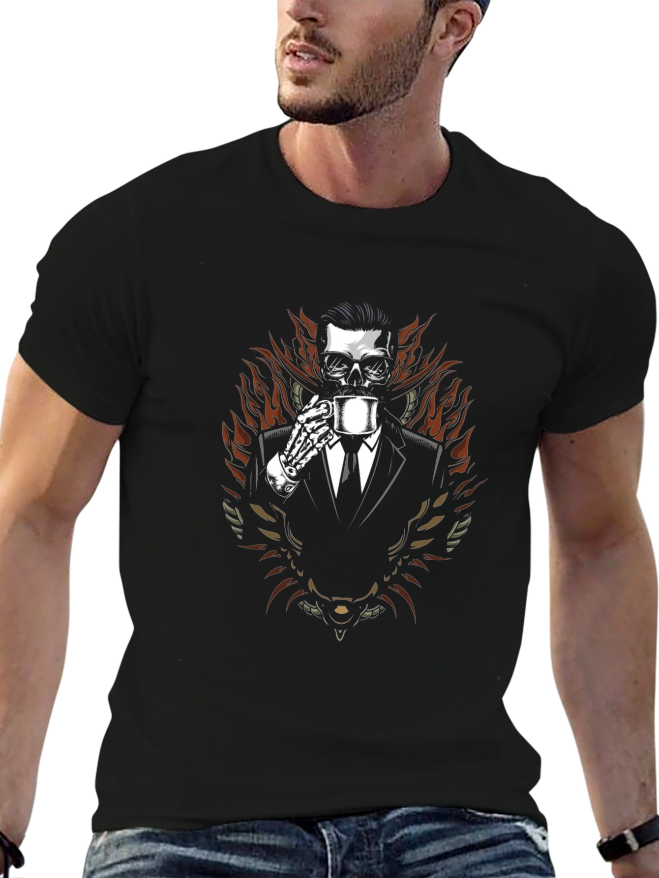Skull in Suit Graphic Tee - Coffee Time!
