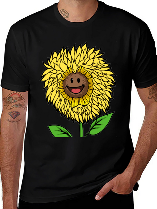 Smiling Sunflower Graphic Tee - Black Cotton Blend