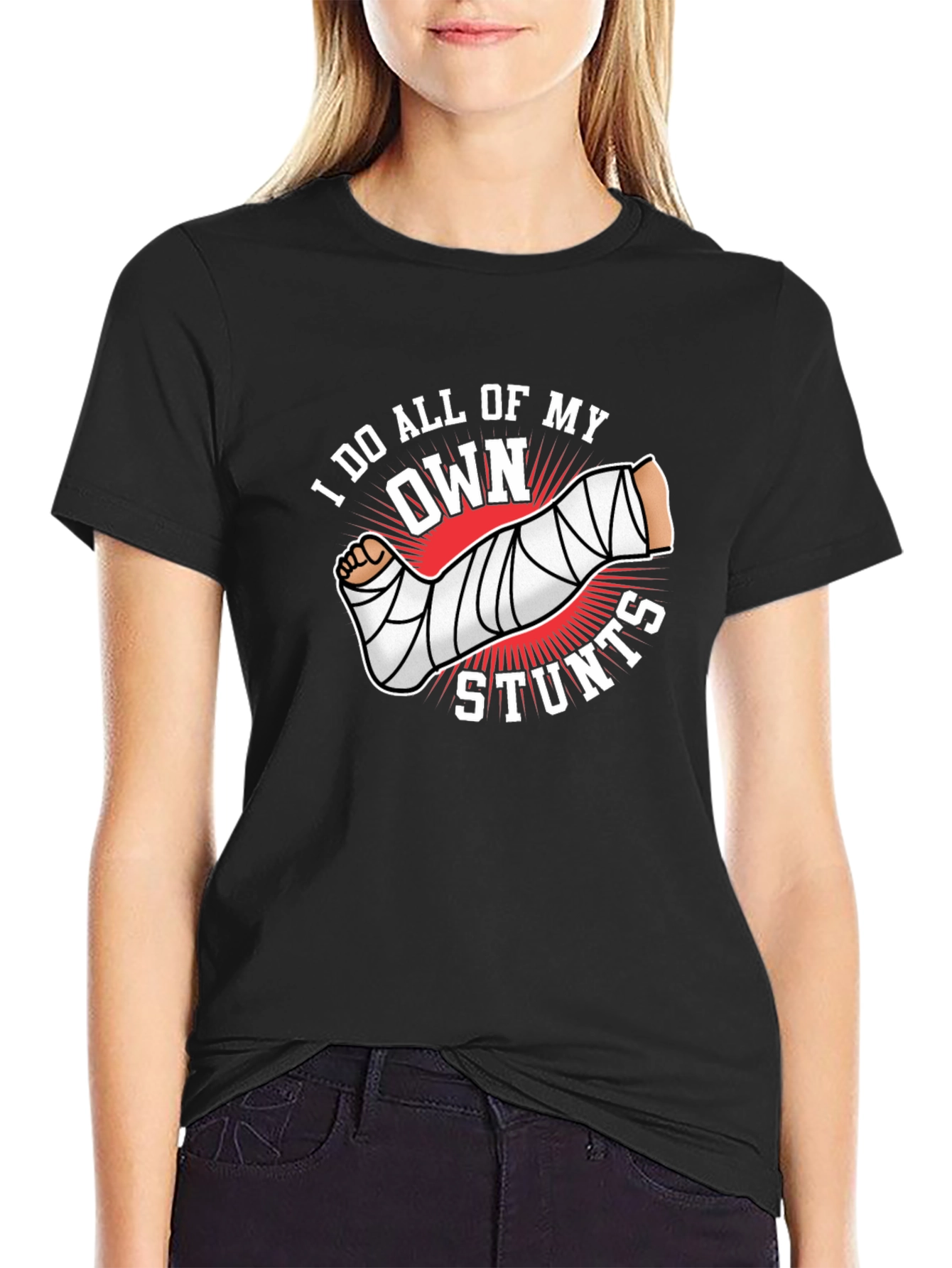 I Do All My Own Stunts Black Graphic Tee