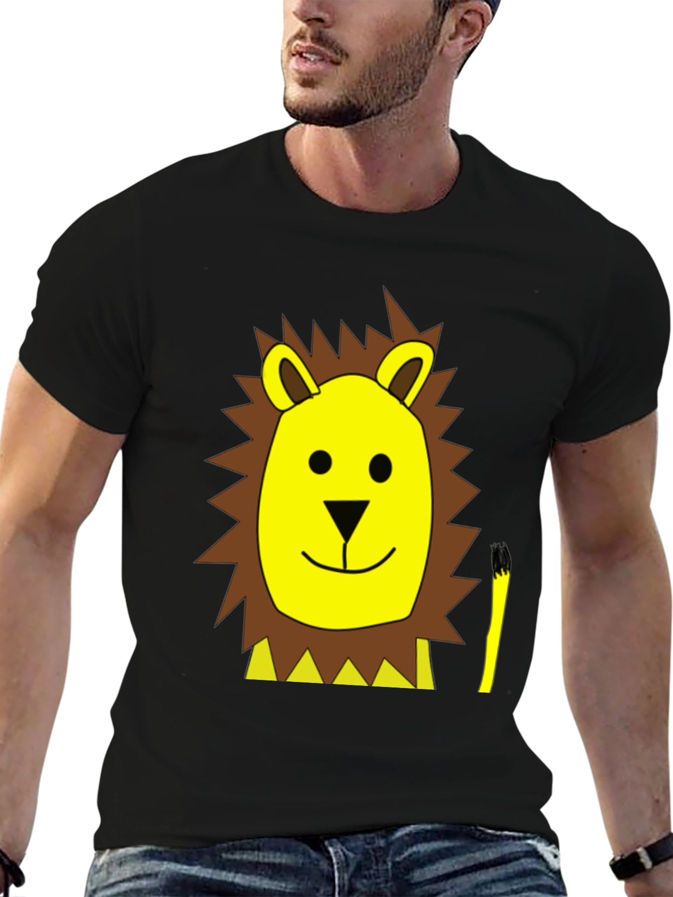 Cartoon Lion Graphic Tee - Black Cotton T-Shirt