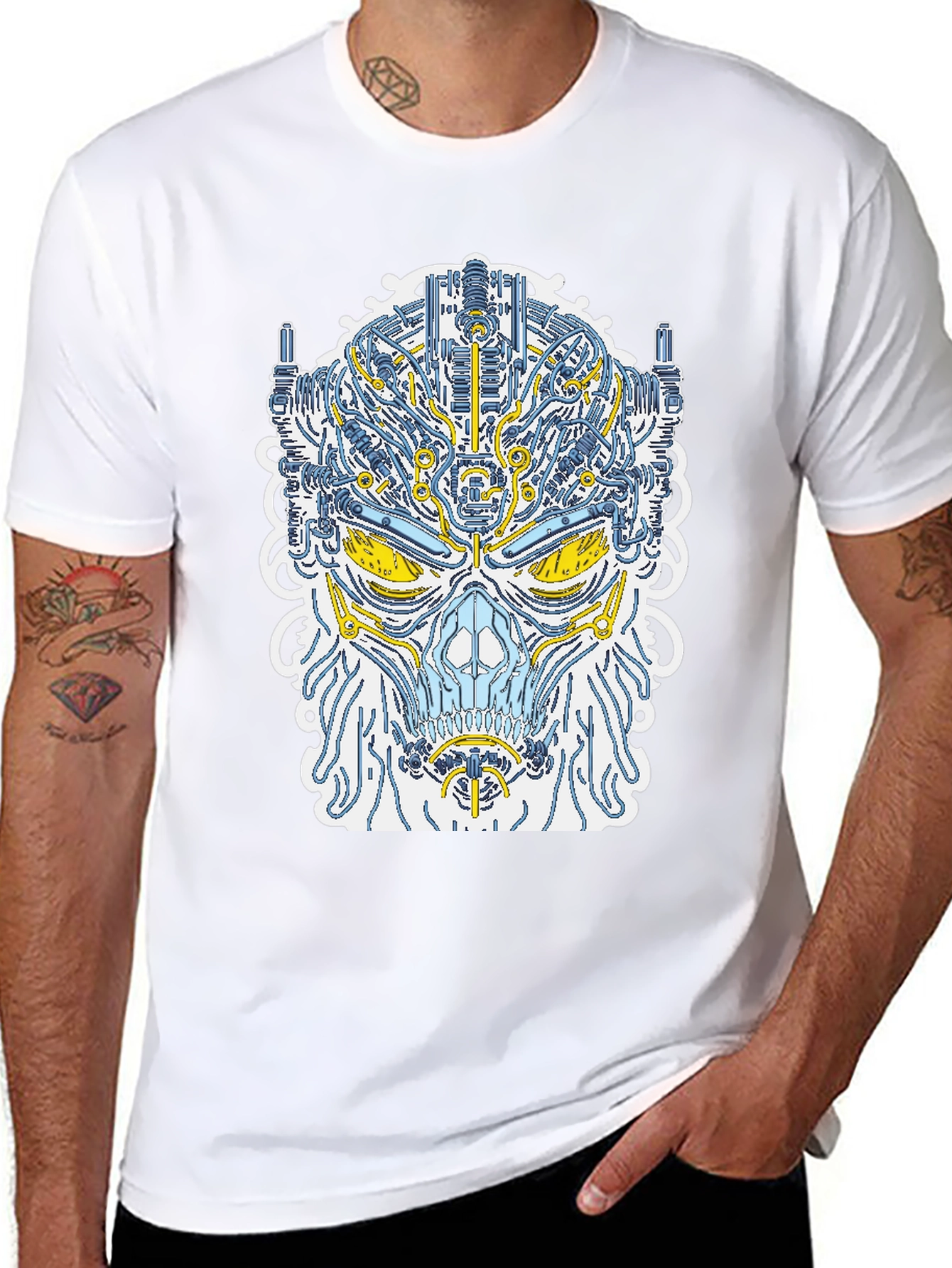 Cyberpunk Skull Graphic Tee - Unique Robot Design