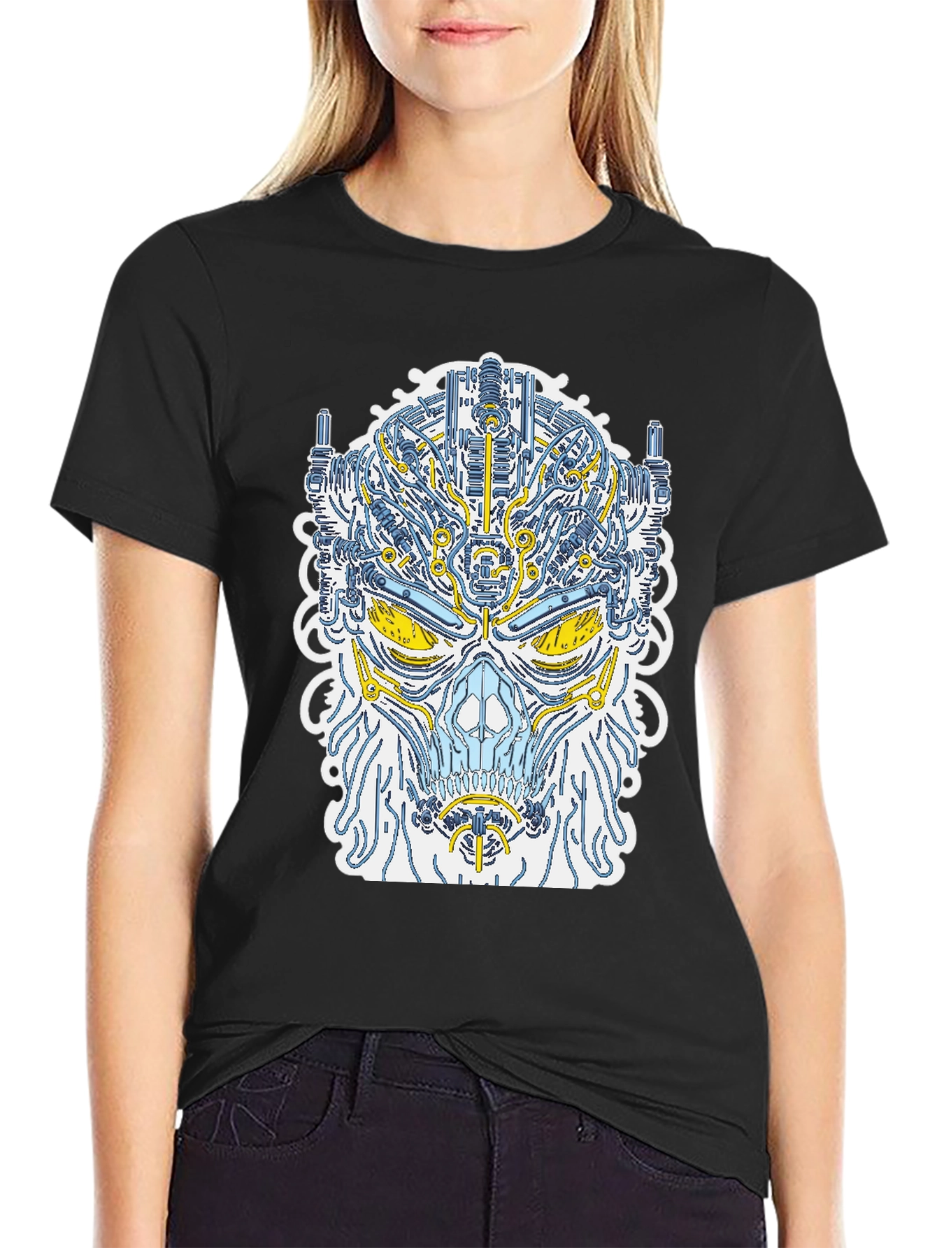 Cyberpunk Skull Graphic Tee - Unique Robot Design