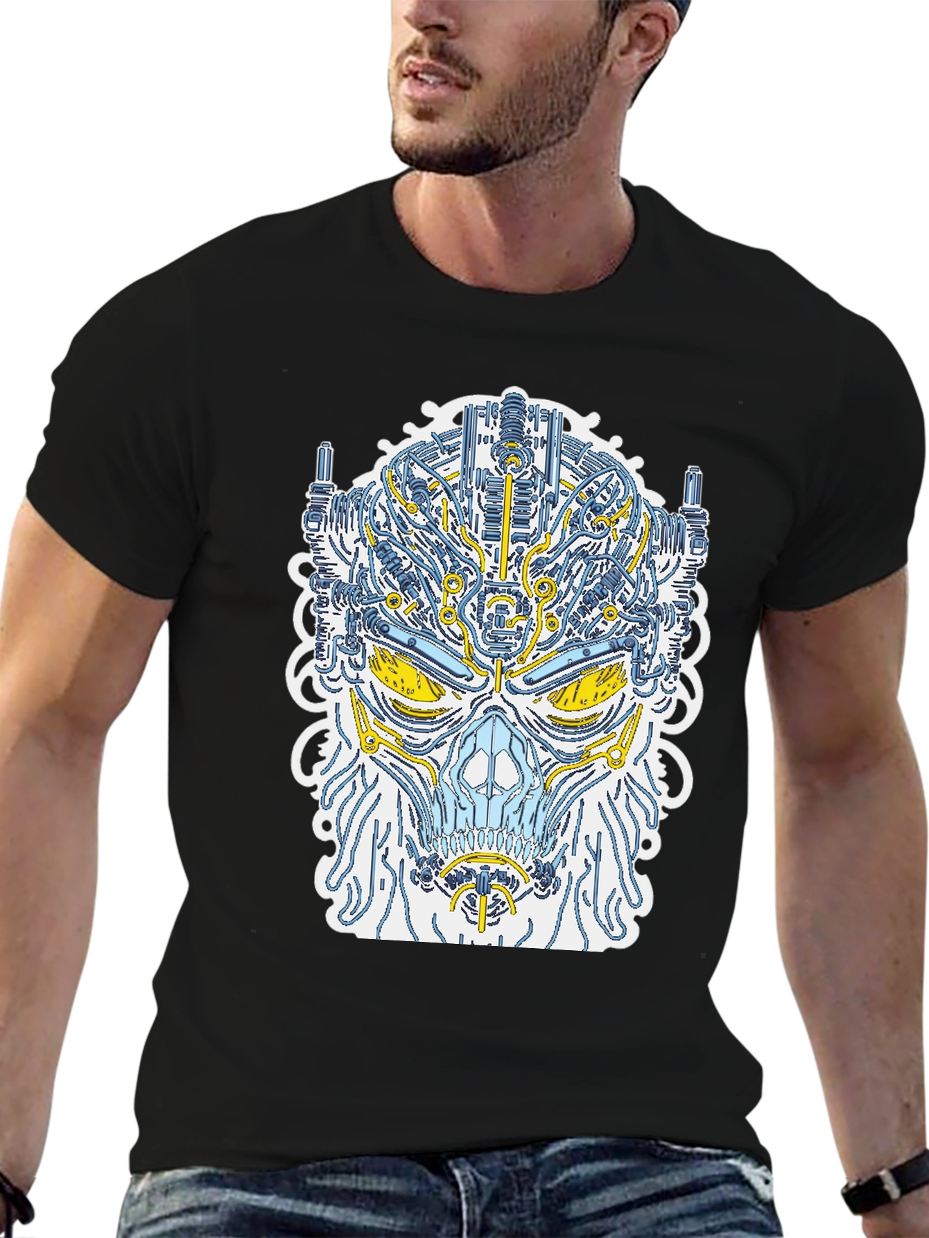 Cyberpunk Skull Graphic Tee - Unique Robot Design
