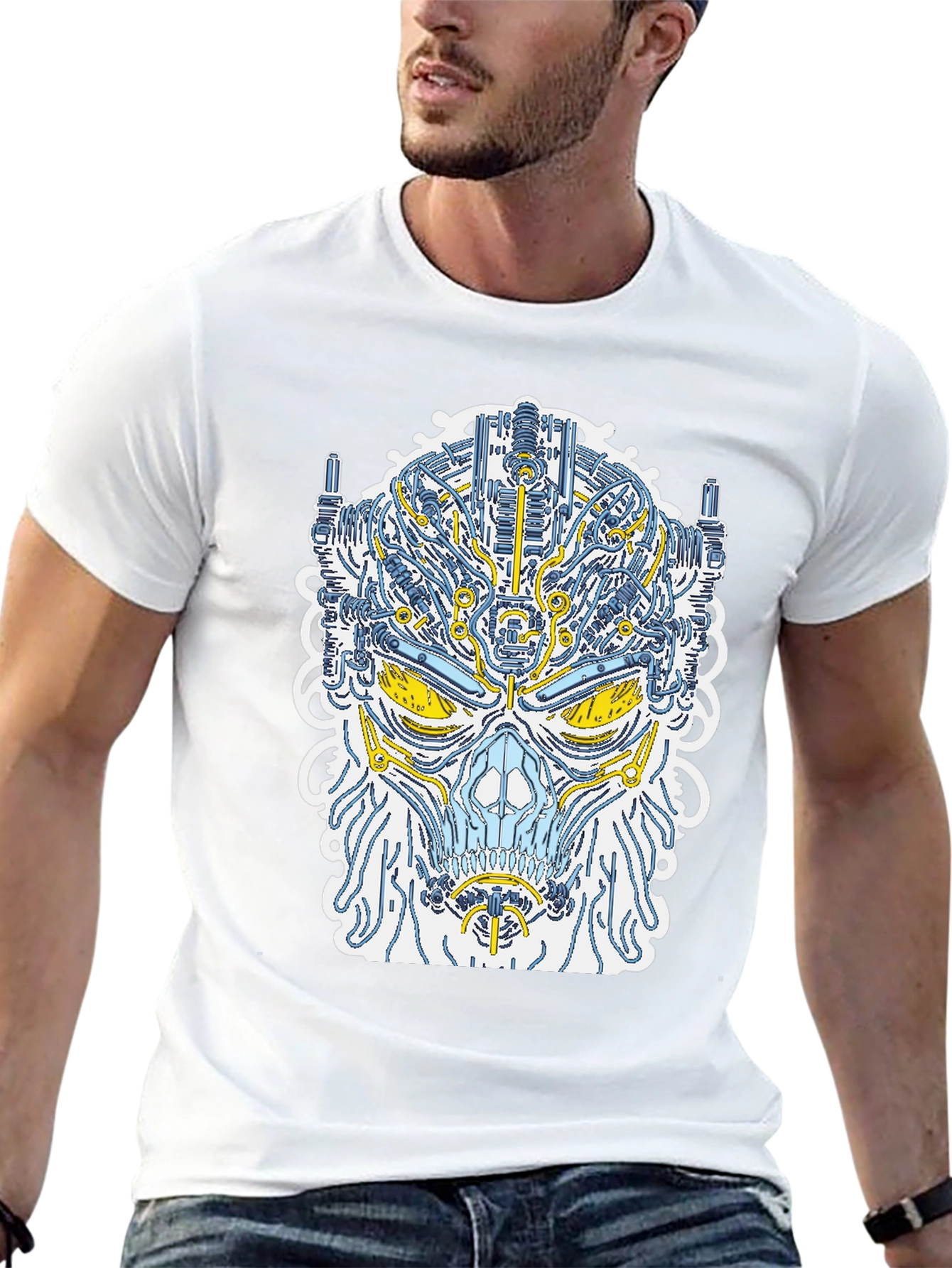 Cyberpunk Skull Graphic Tee - Unique Robot Design