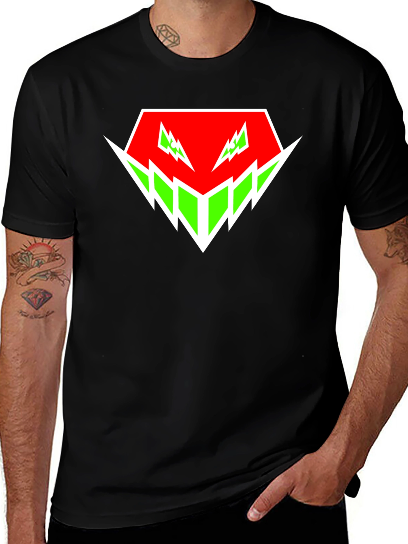 Edgy Graphic Tee - Red & Green Abstract Design