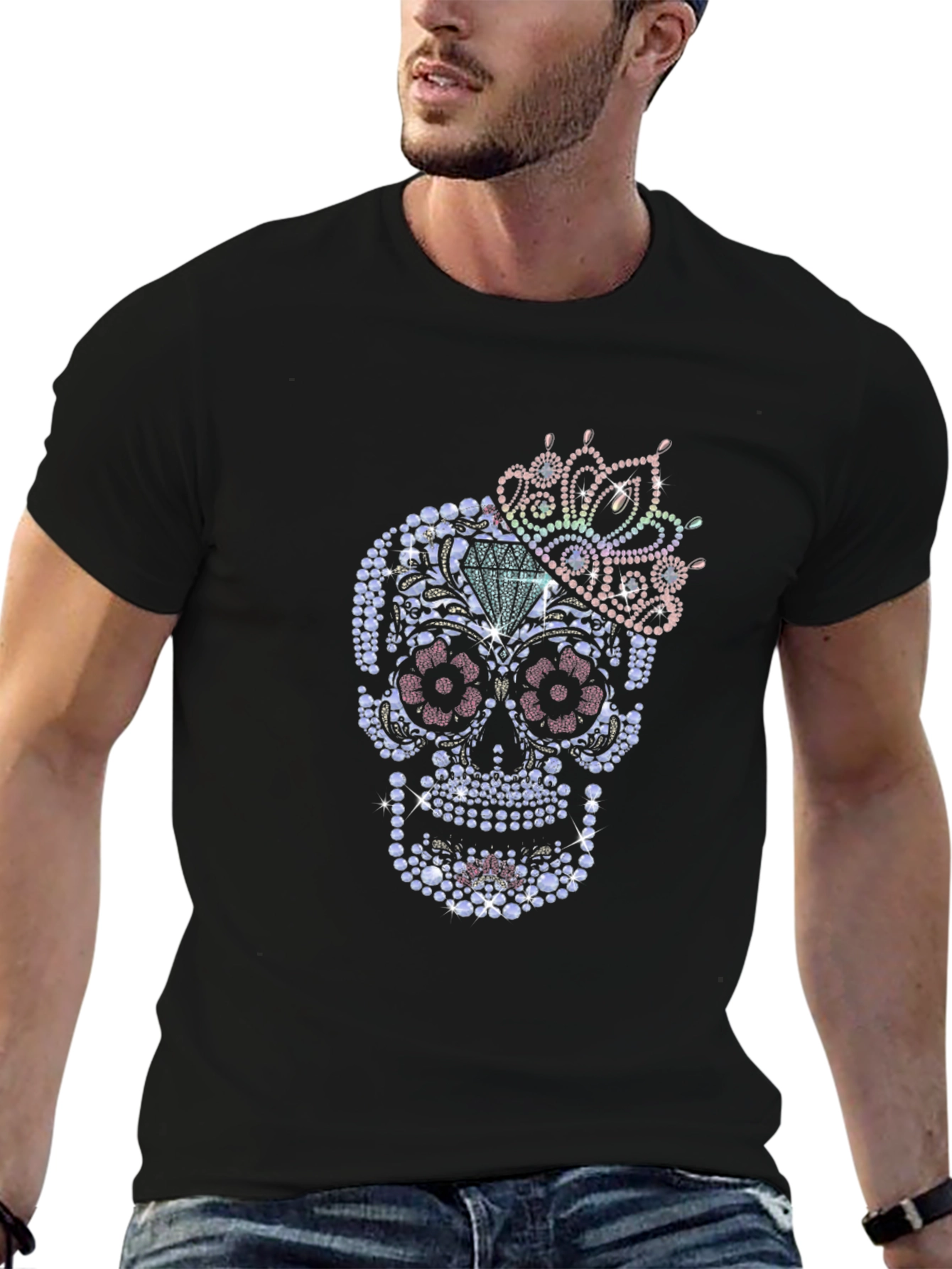 Rhinestone Sugar Skull Graphic T-Shirt - Mens