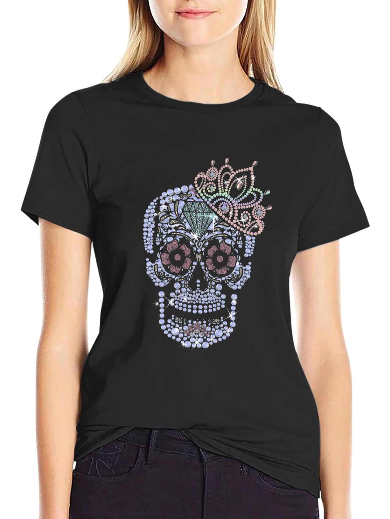 Rhinestone Sugar Skull Graphic T-Shirt - Mens