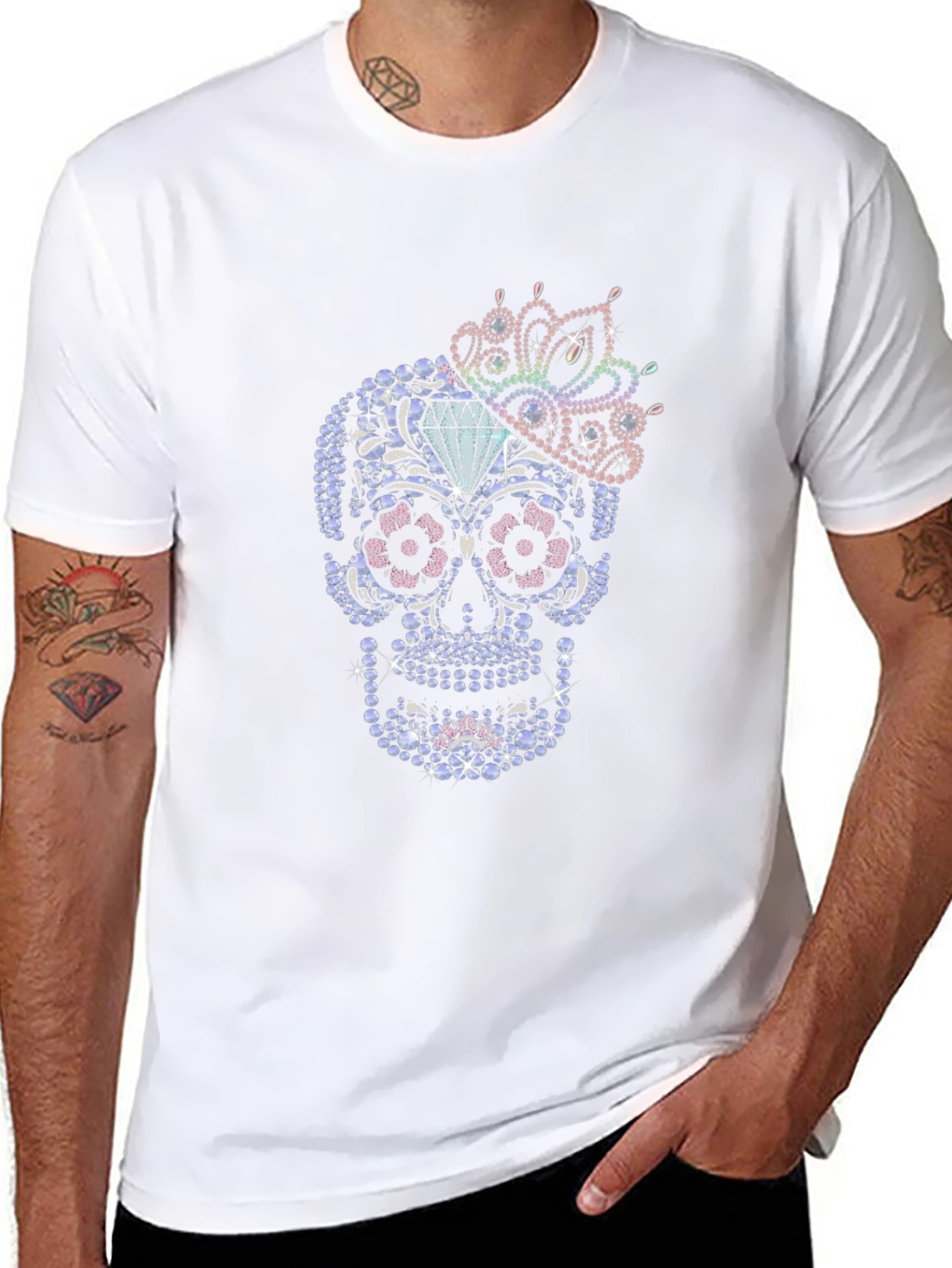 Rhinestone Sugar Skull Graphic T-Shirt - Mens