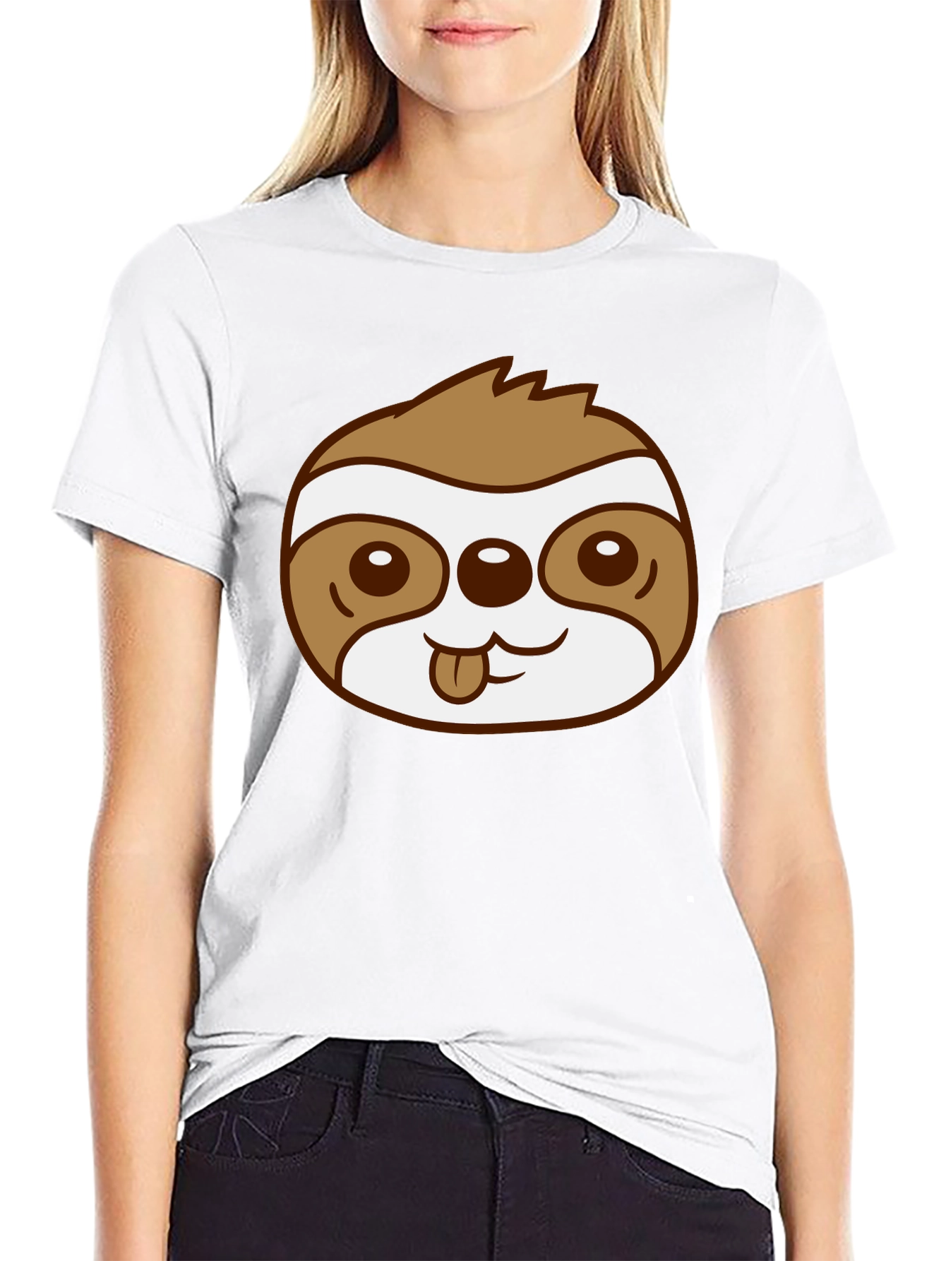 Cute Sloth Face Graphic Black T-Shirt