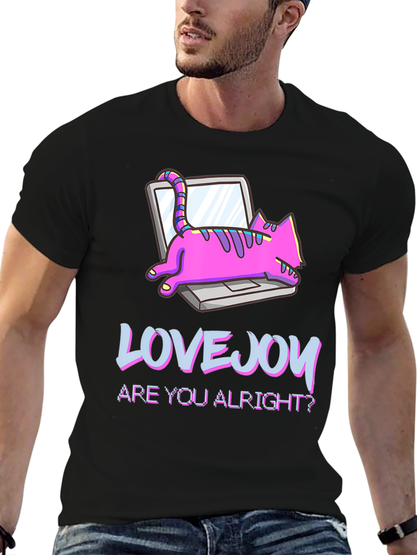Lovejoy Cat on Laptop Black Graphic Tee