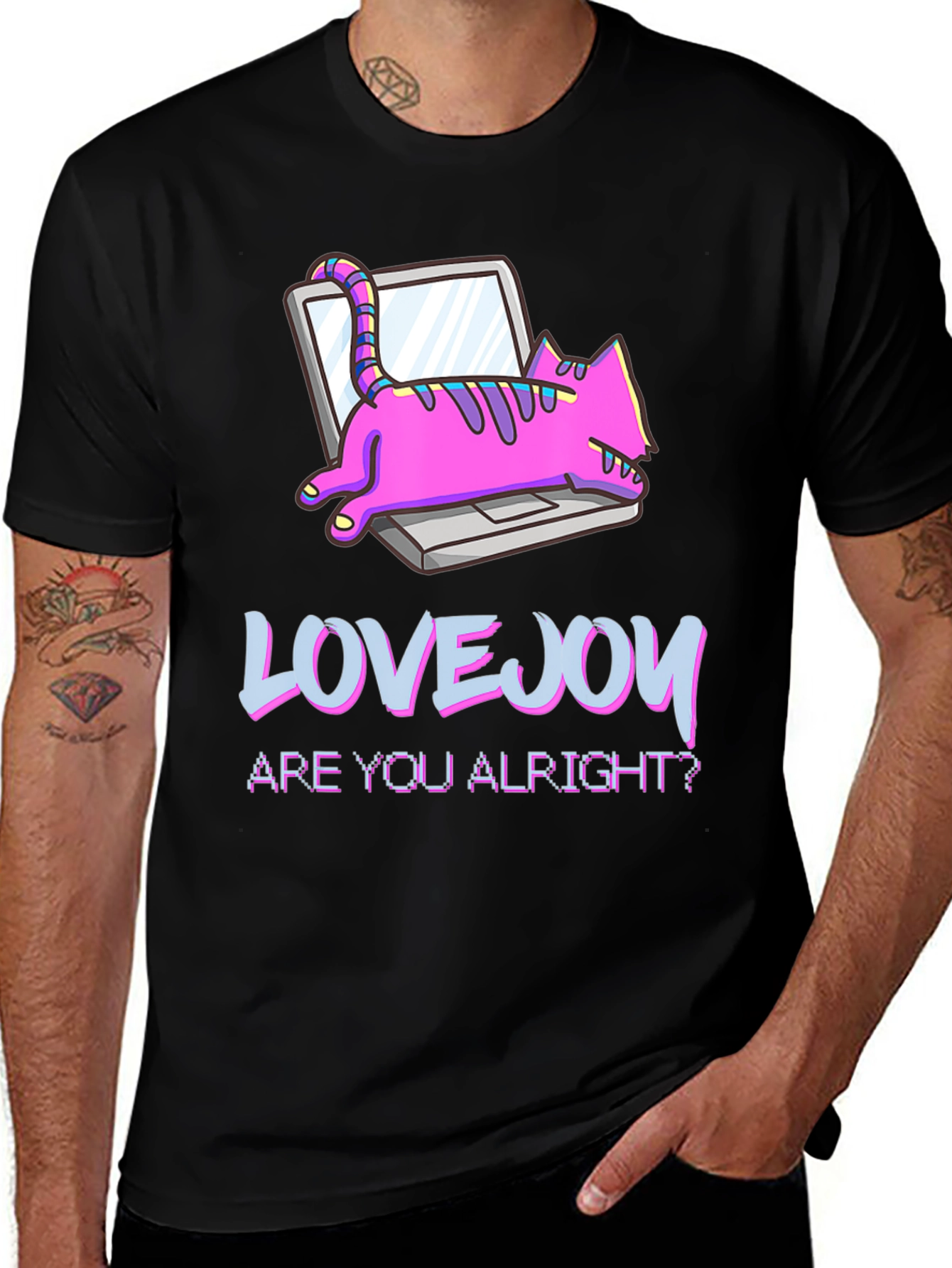 Lovejoy Cat on Laptop Black Graphic Tee