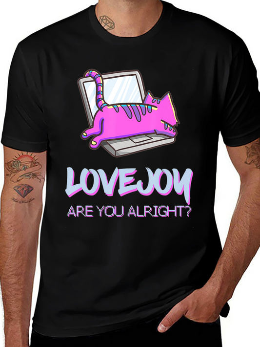 Lovejoy Cat on Laptop Black Graphic Tee