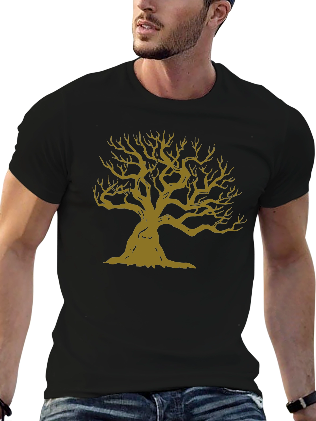 Mens Black T-Shirt with Graphic Tree Design