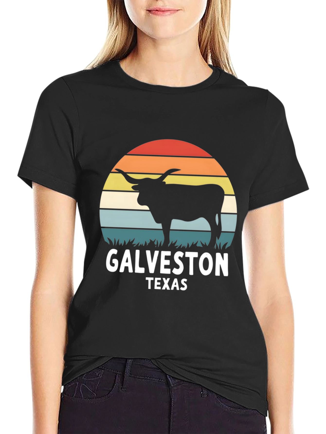 Galveston Texas Bull T-Shirt - Retro Sunset Design