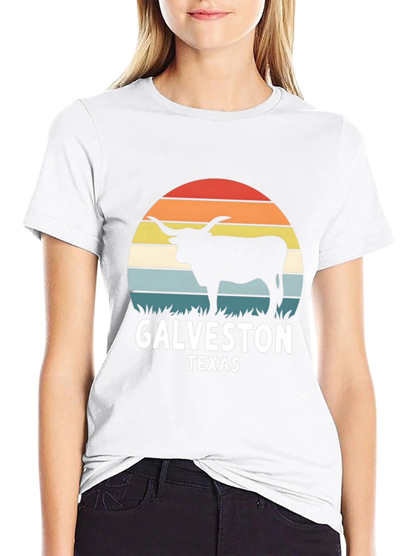 Galveston Texas Bull T-Shirt - Retro Sunset Design