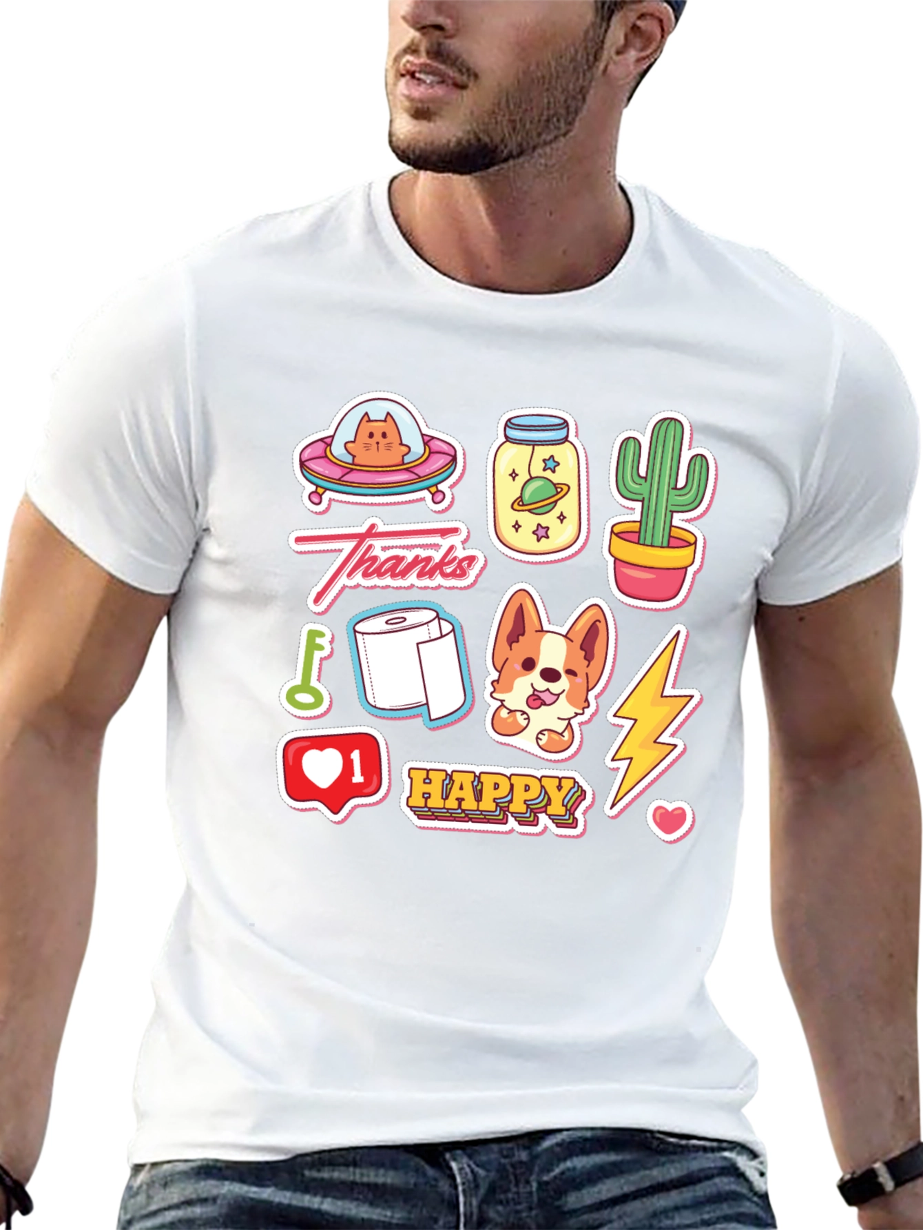 Fun Cartoon Sticker Print Black T-Shirt
