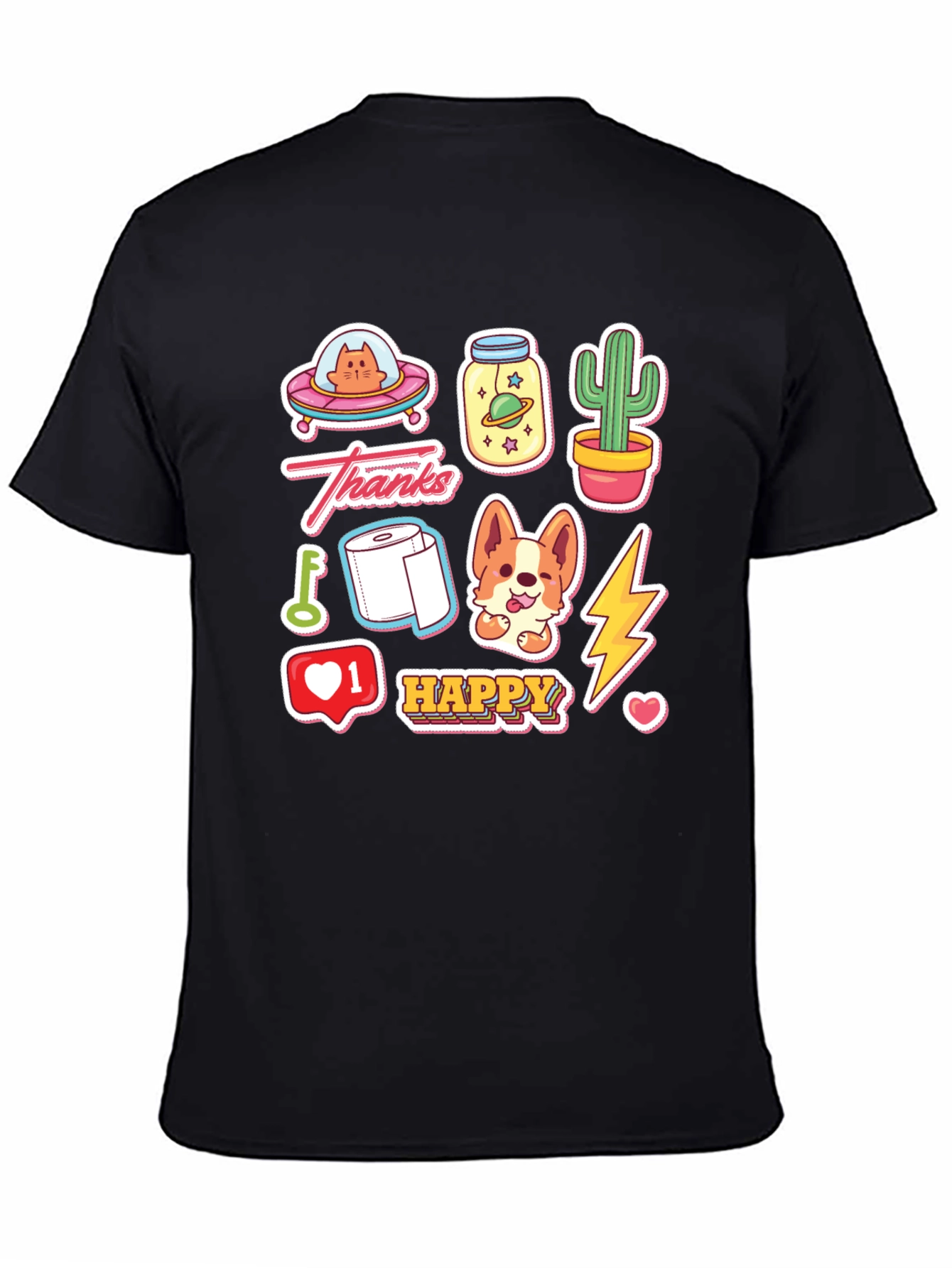 Fun Cartoon Sticker Print Black T-Shirt