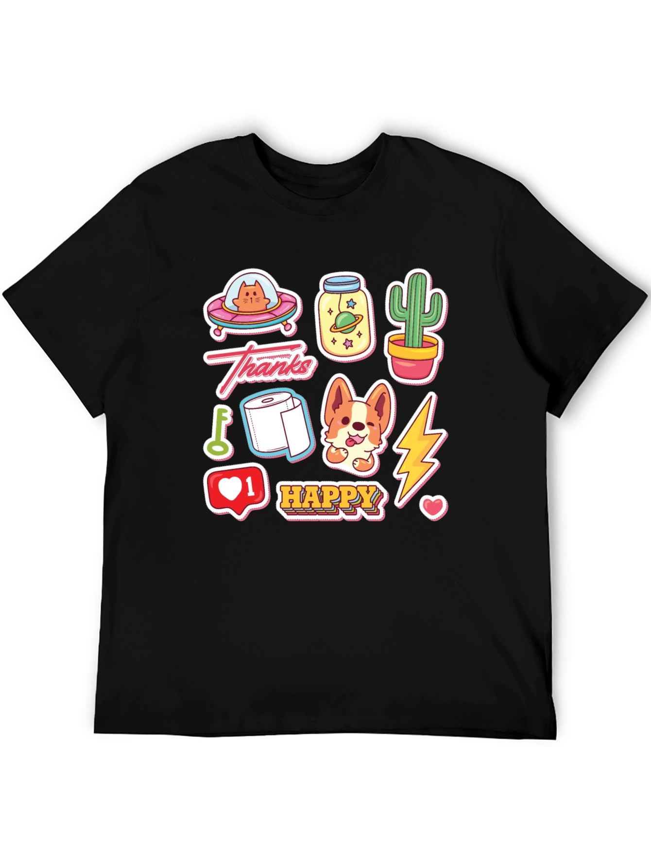 Fun Cartoon Sticker Print Black T-Shirt