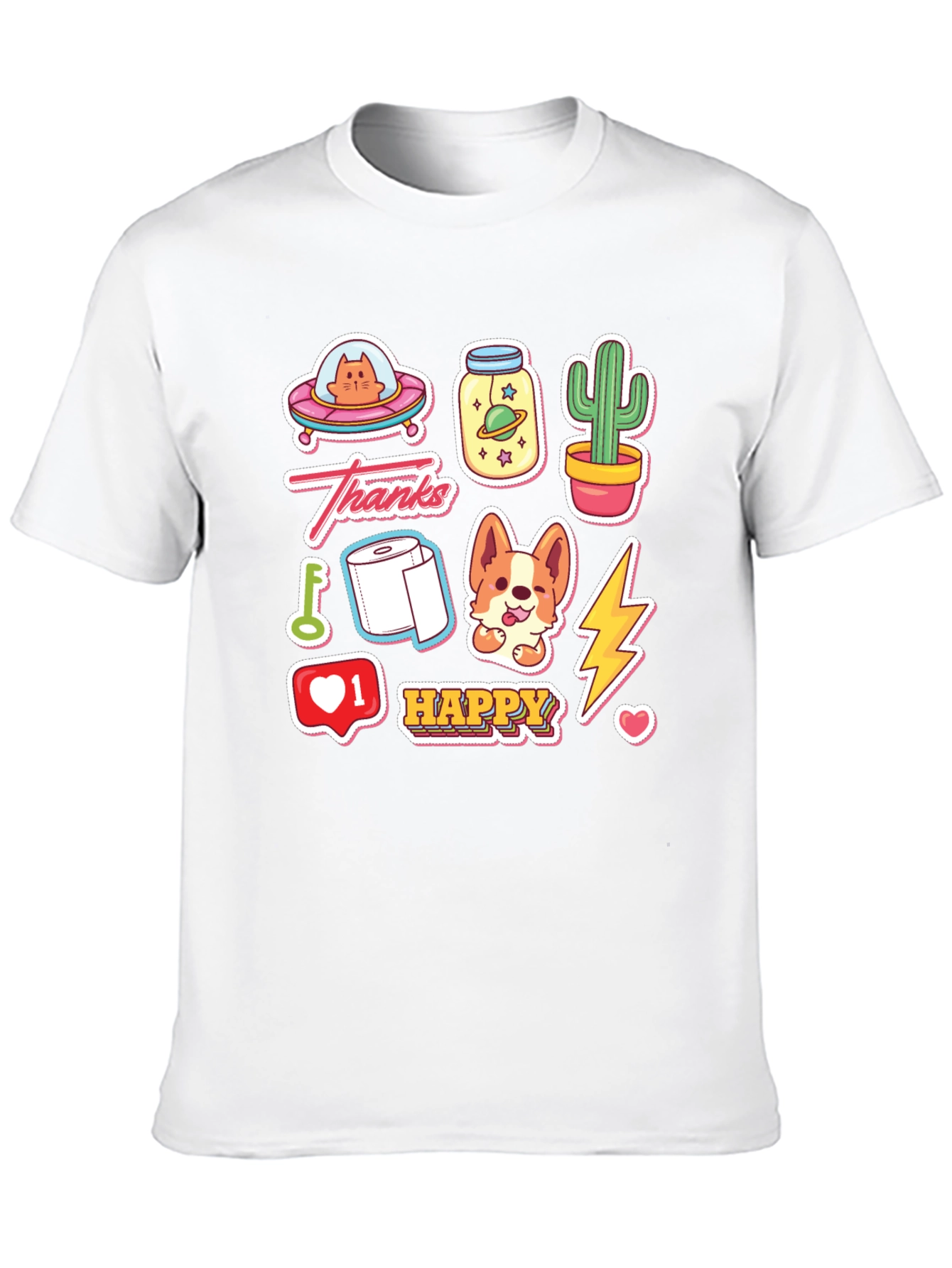 Fun Cartoon Sticker Print Black T-Shirt