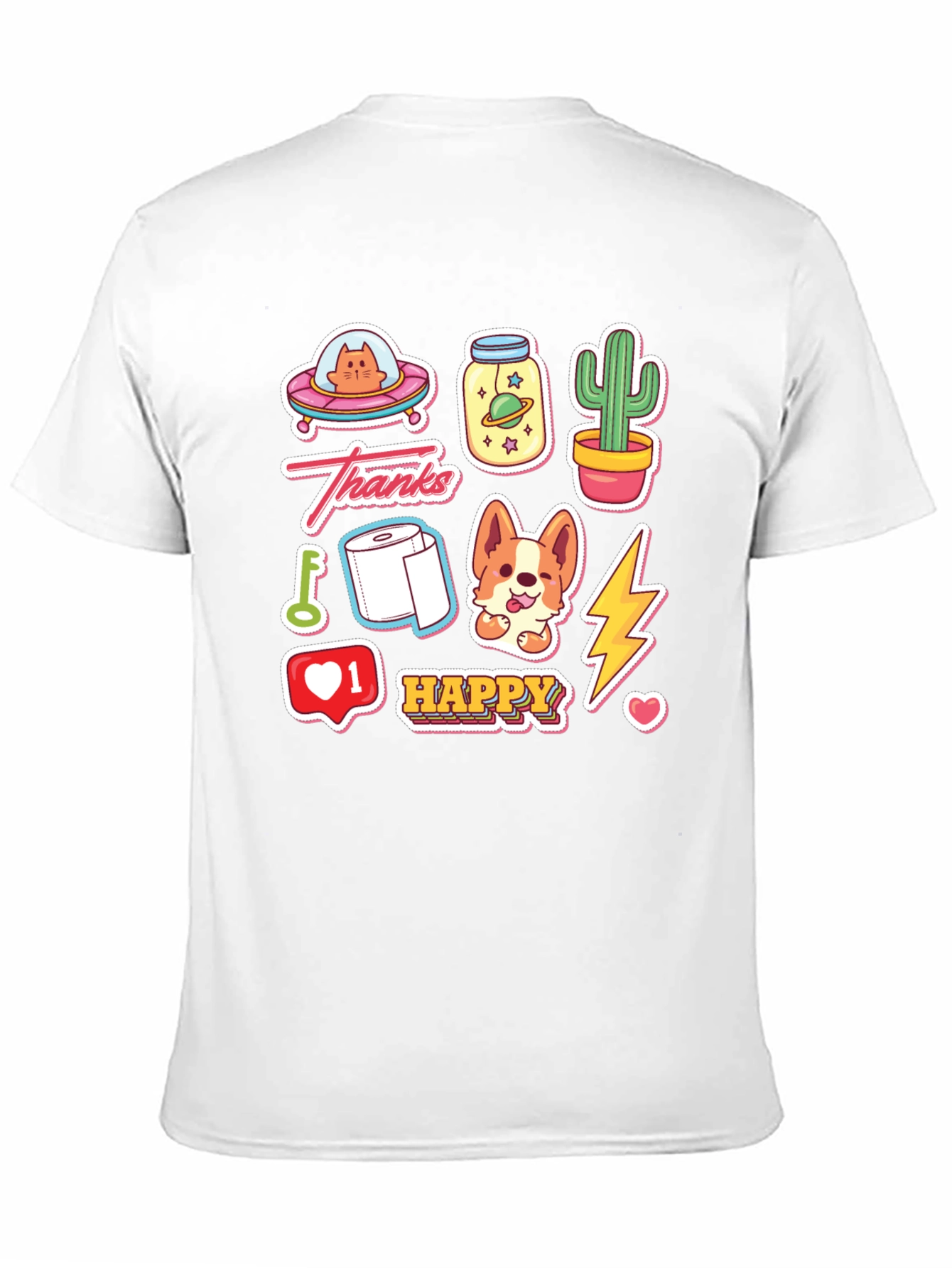Fun Cartoon Sticker Print Black T-Shirt