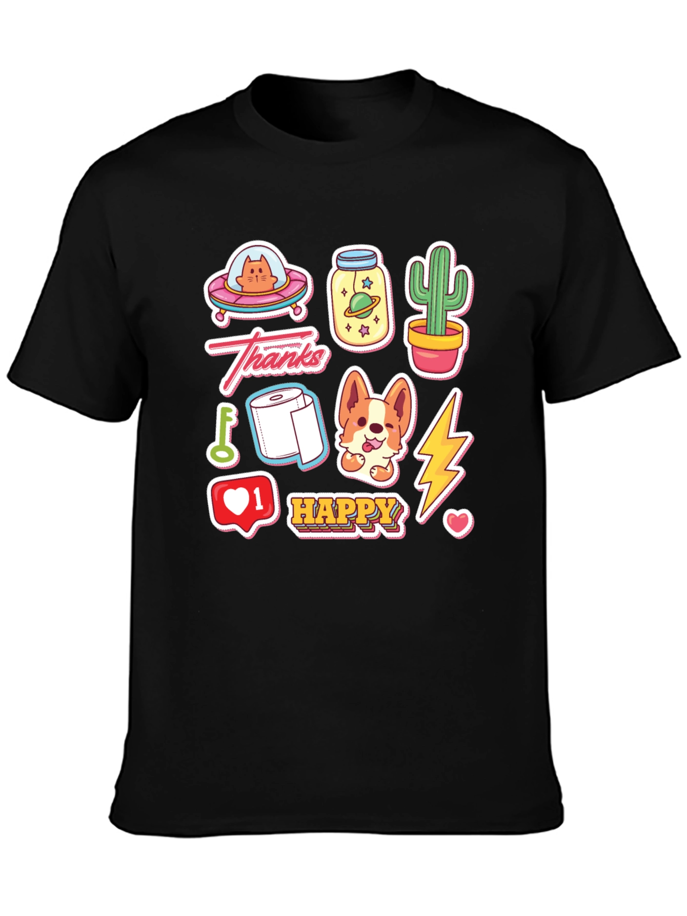 Fun Cartoon Sticker Print Black T-Shirt