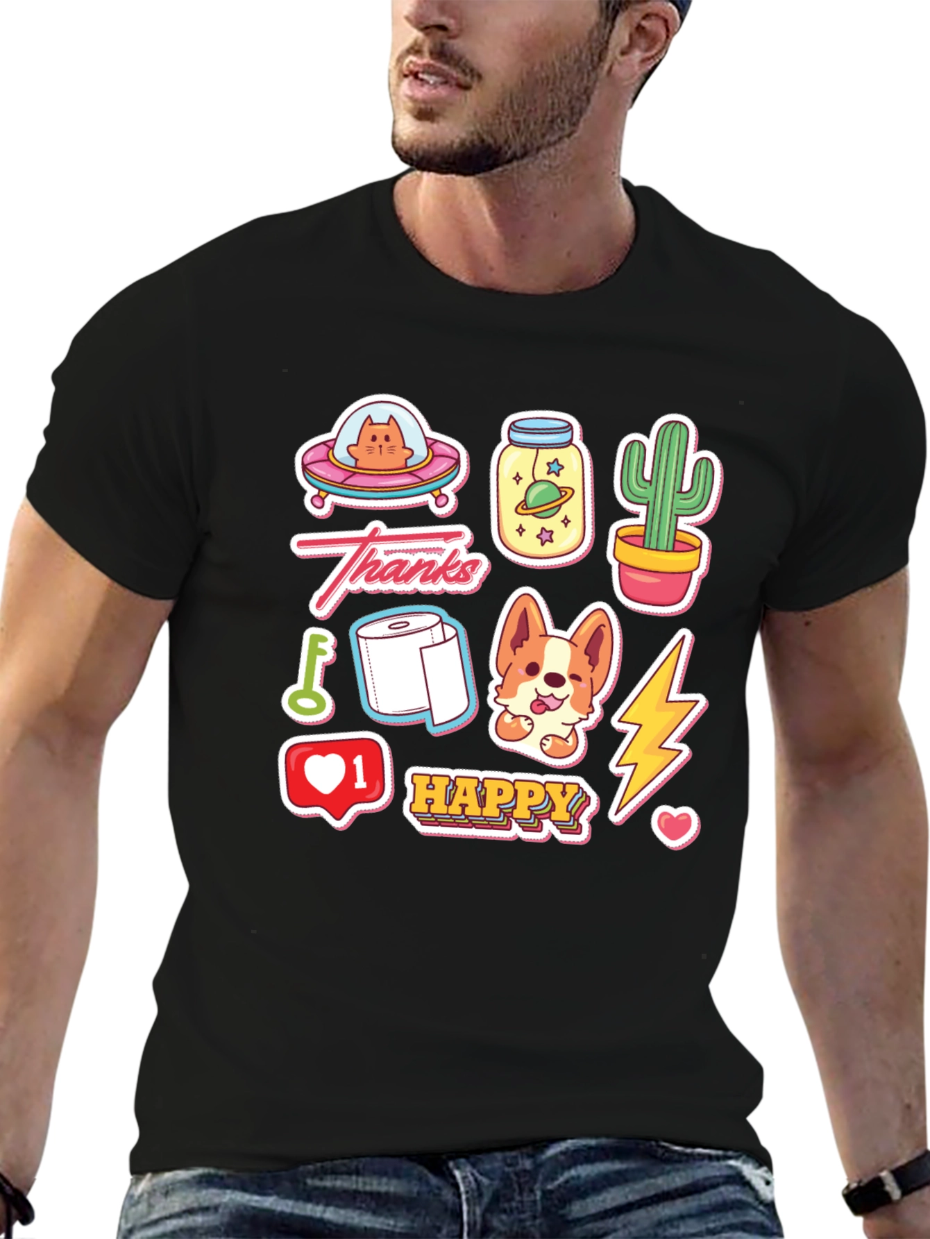 Fun Cartoon Sticker Print Black T-Shirt