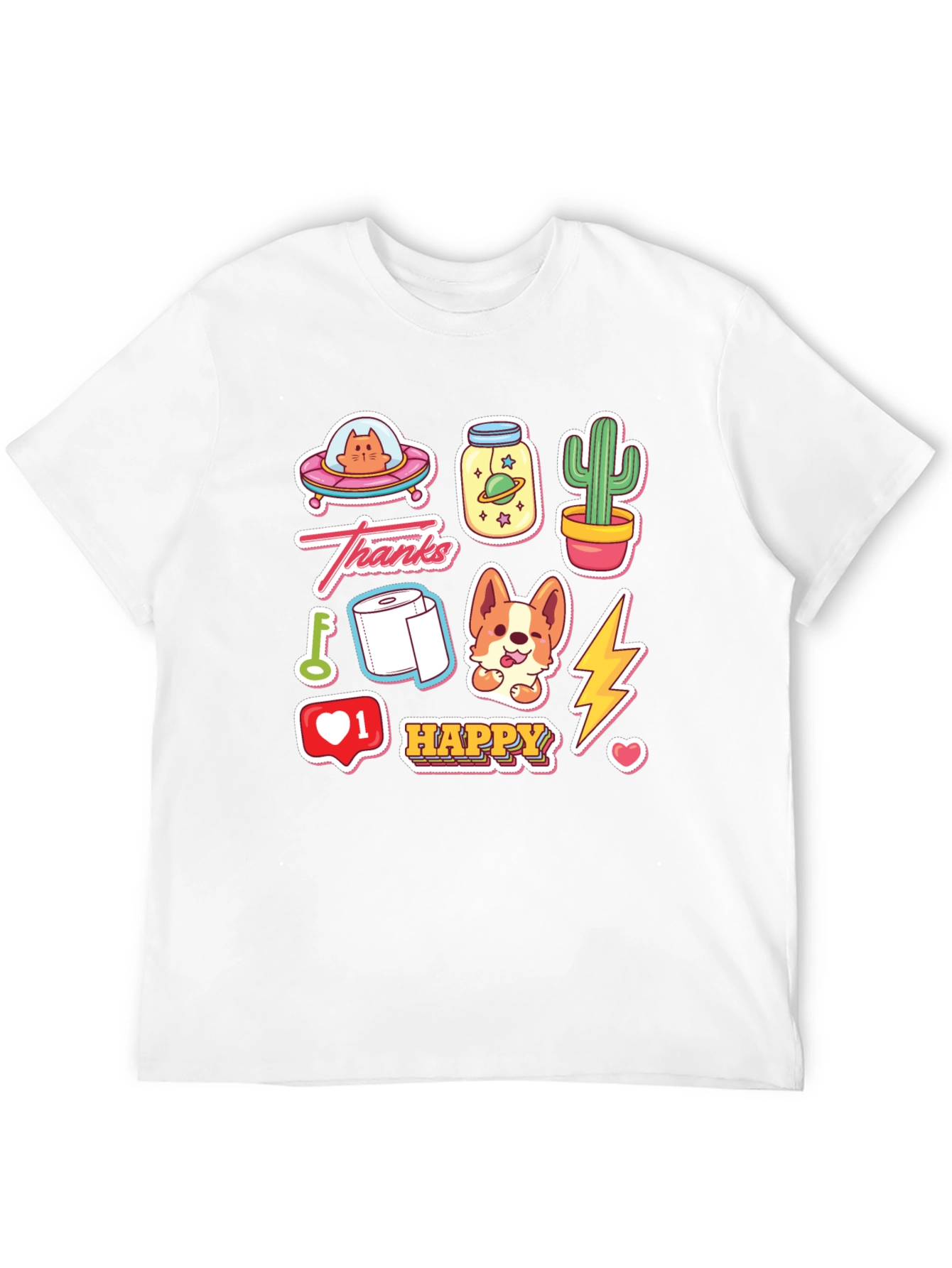 Fun Cartoon Sticker Print Black T-Shirt