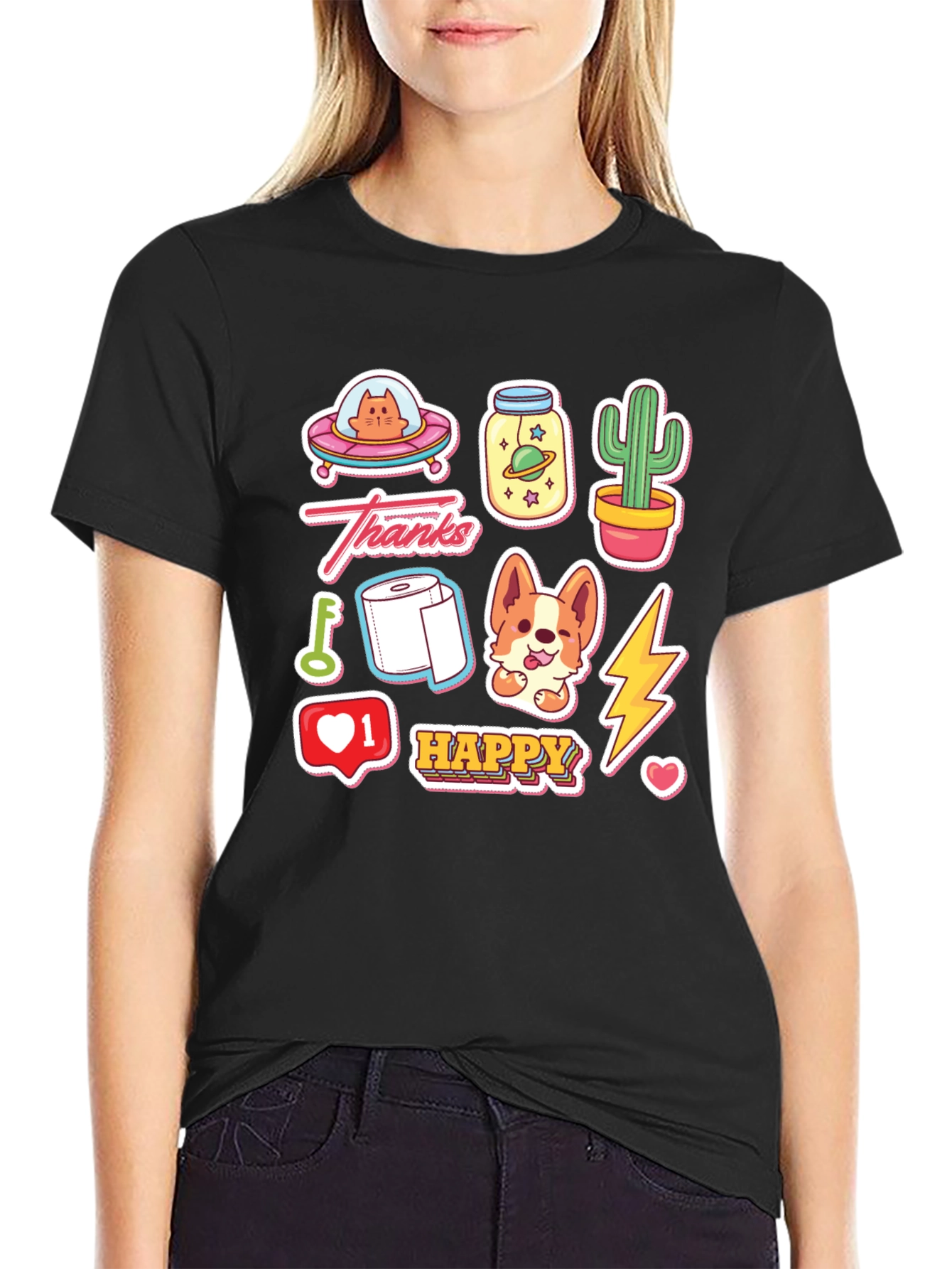 Fun Cartoon Sticker Print Black T-Shirt