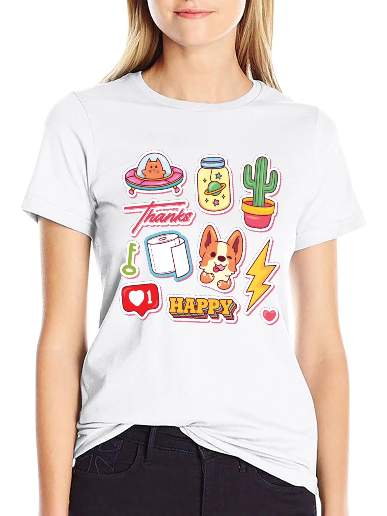 Fun Cartoon Sticker Print Black T-Shirt
