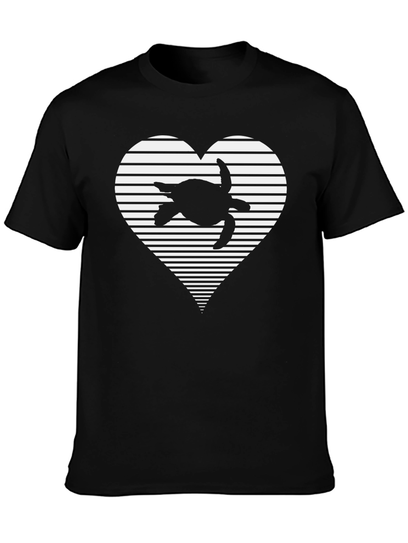 Turtle Heart Striped Graphic Tee - Casual Black T-Shirt