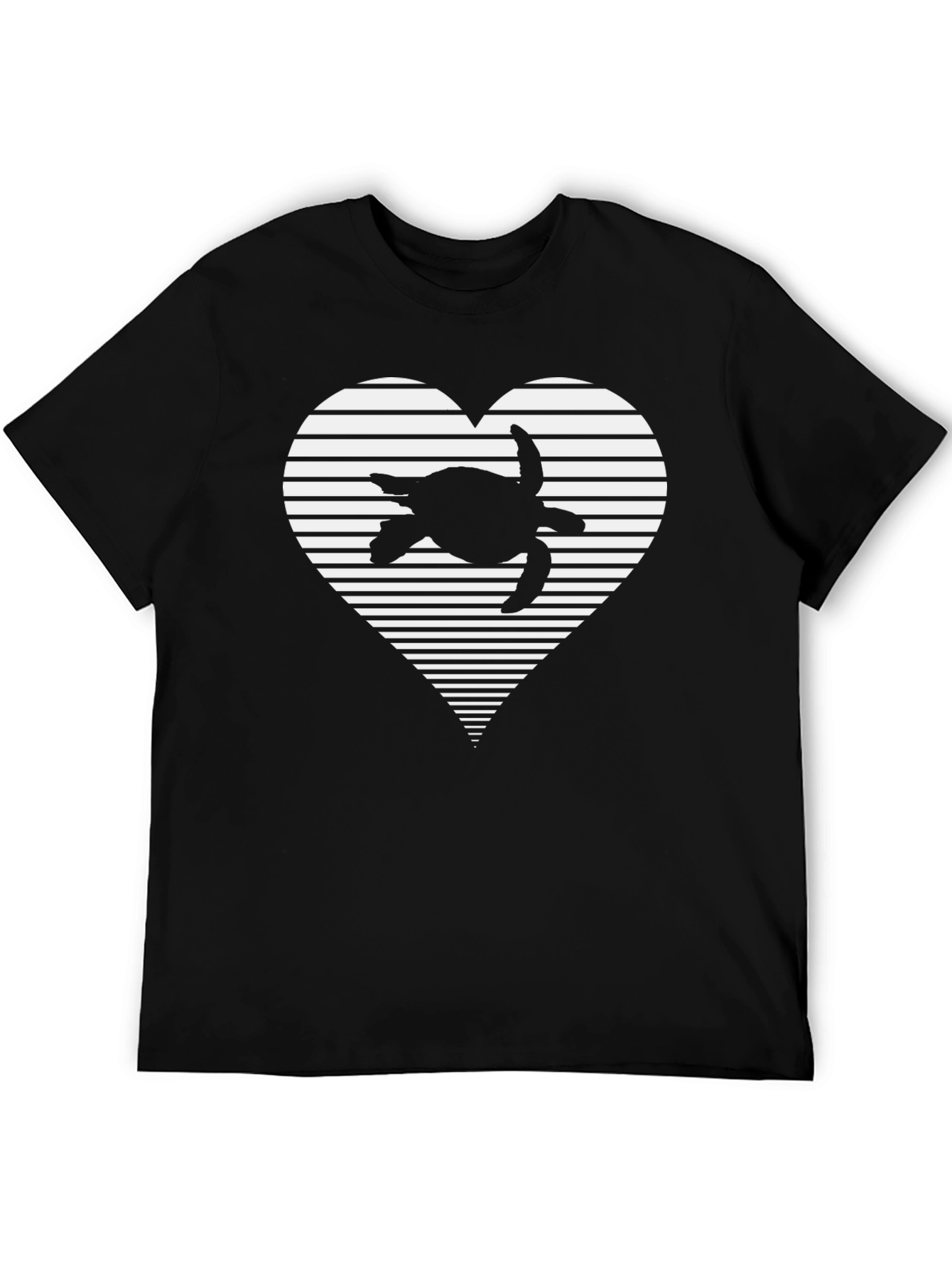 Turtle Heart Striped Graphic Tee - Casual Black T-Shirt